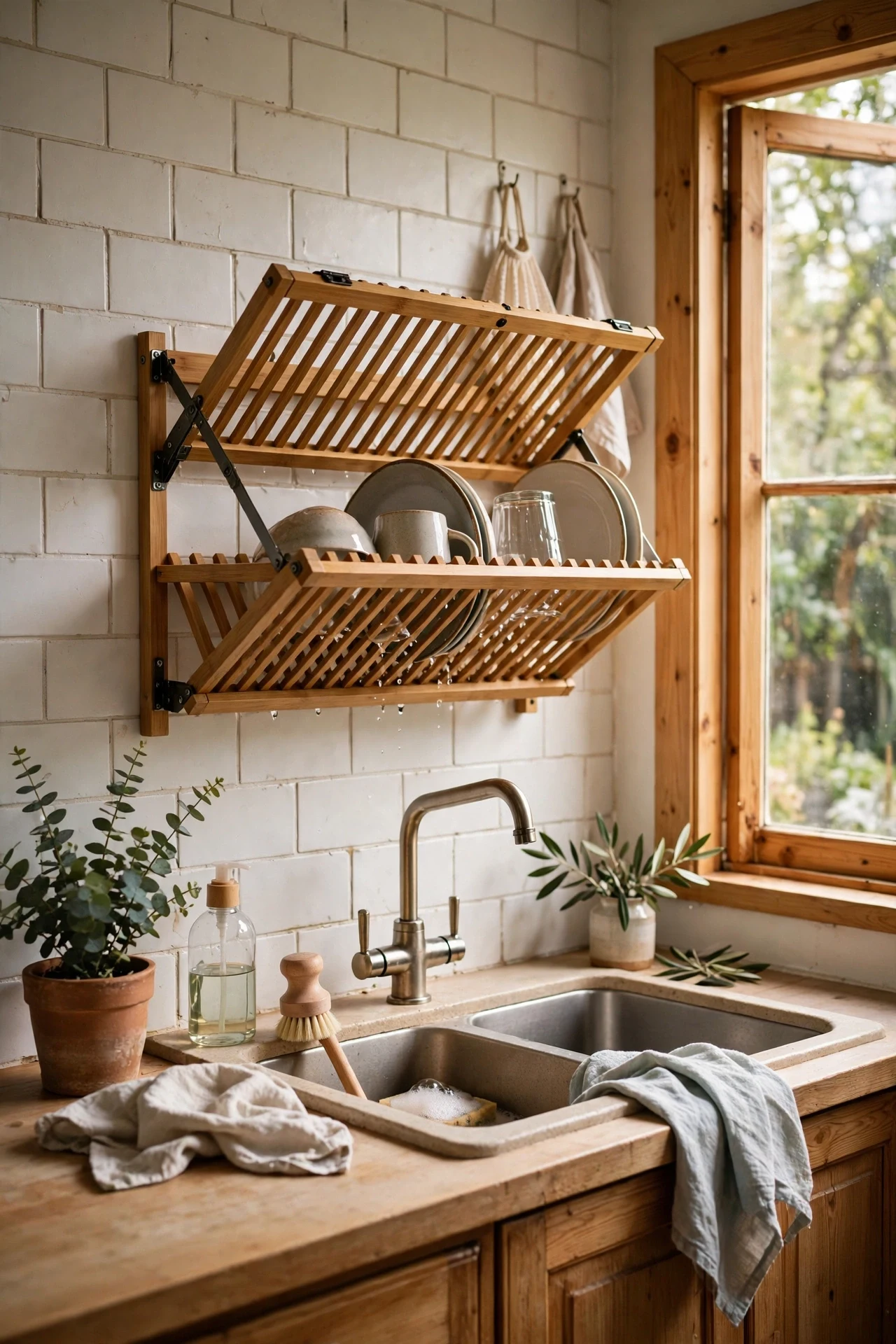 Fold-down drying rack on a kitchen wall