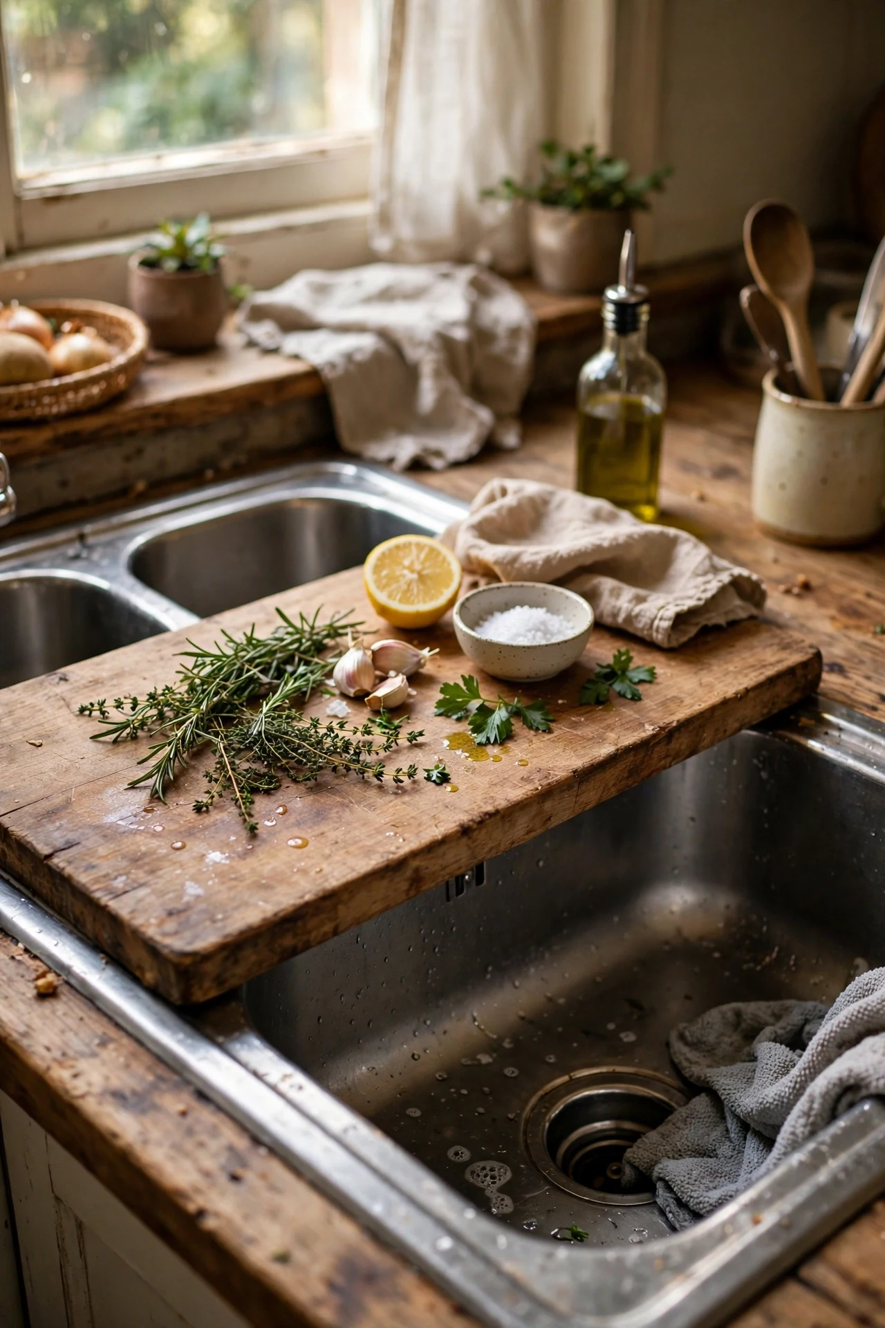 Chopping board covering half a kitchen sink
