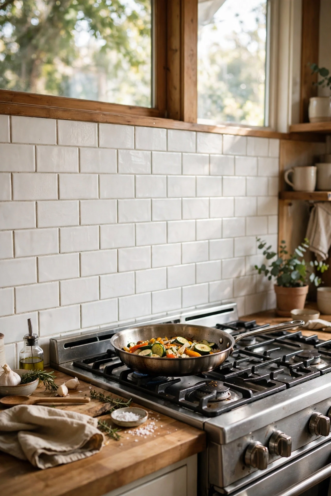 Bright white peel and stick subway tile kitchen backsplash wall