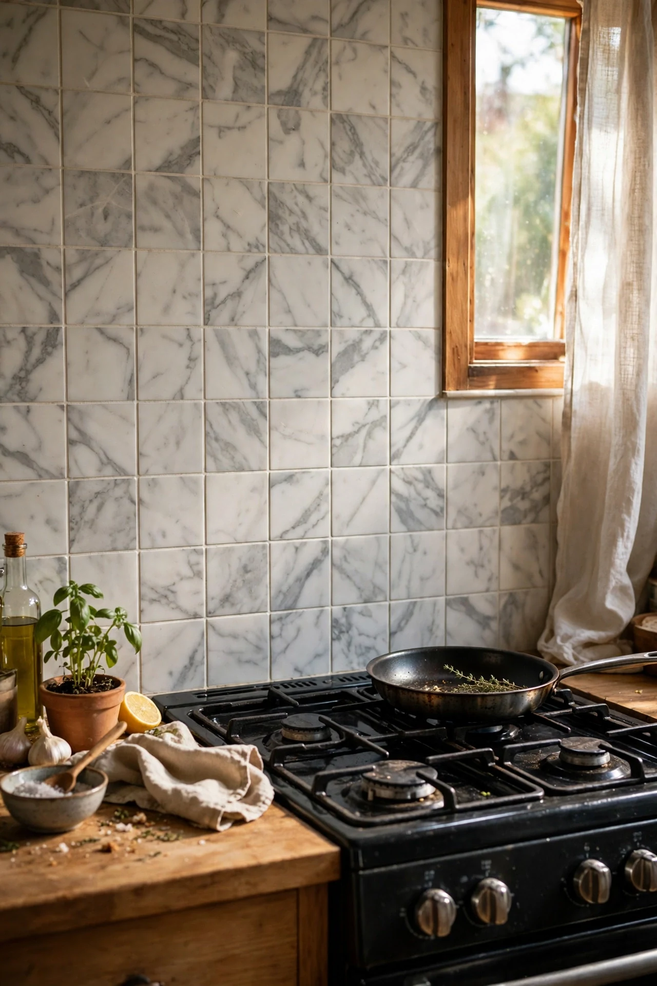 Marble look peel and stick tile backsplash behind kitchen cooker