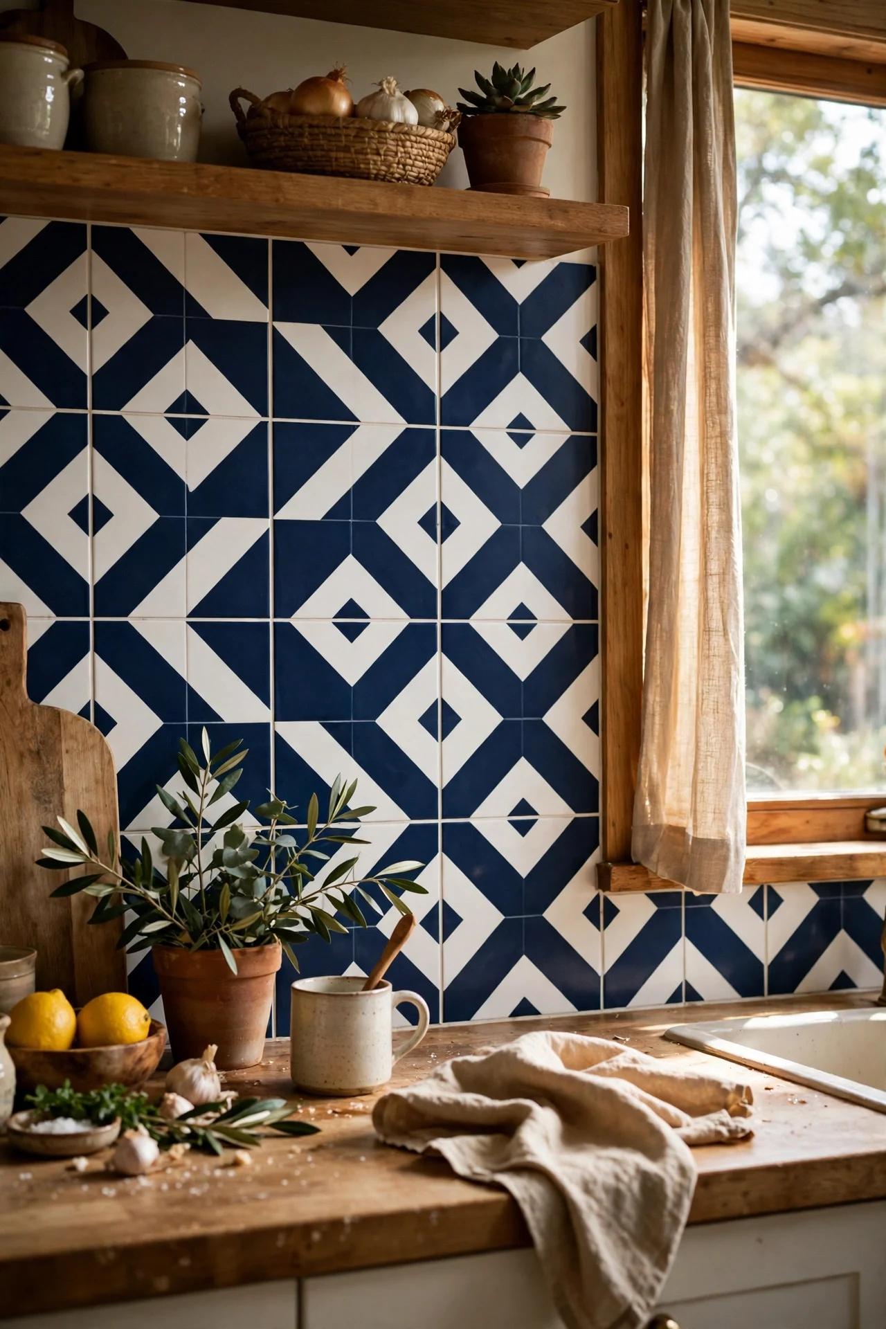 Bold geometric blue patterned peel and stick tiles kitchen wall