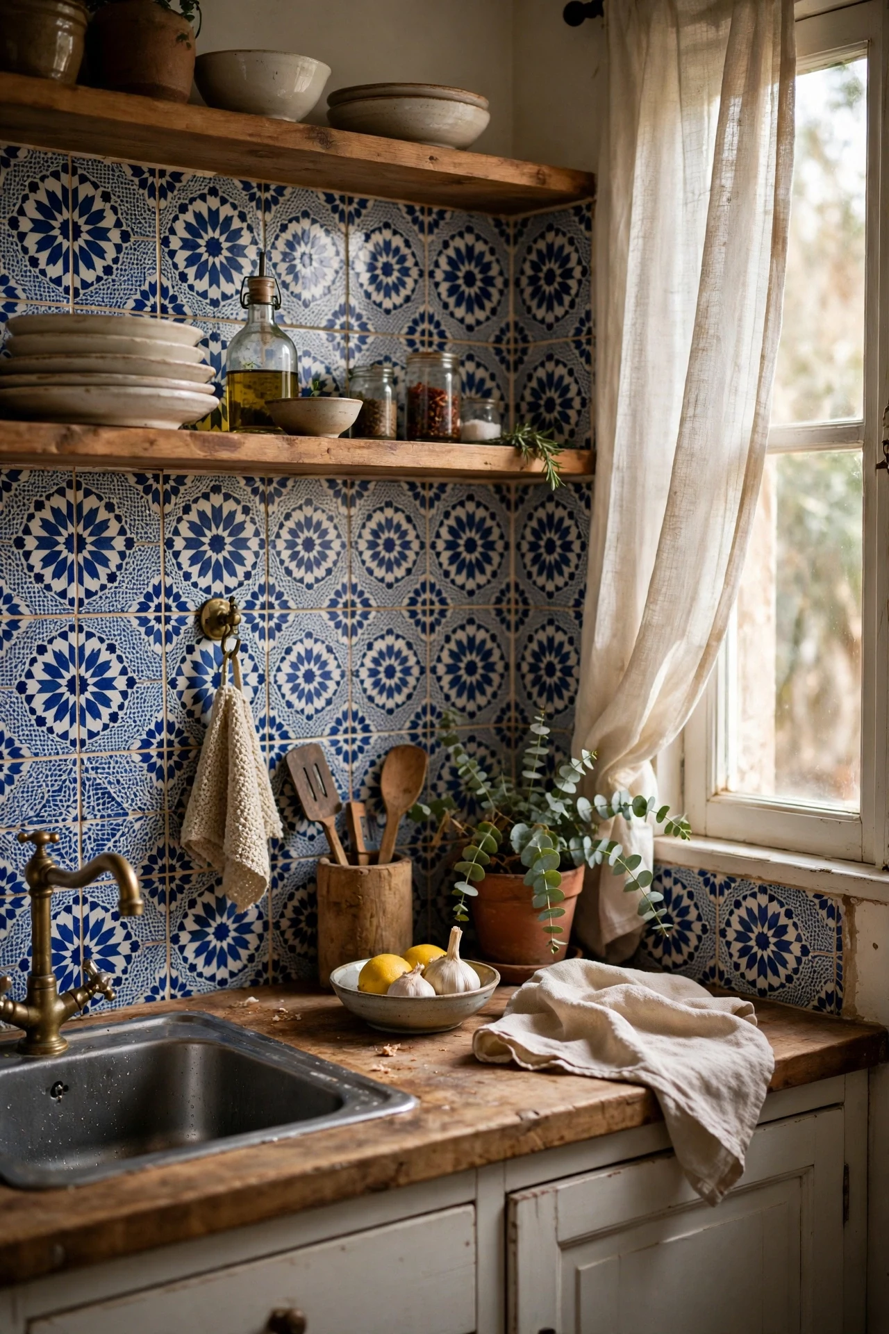 Blue Moroccan style patterned peel and stick tiles in kitchen