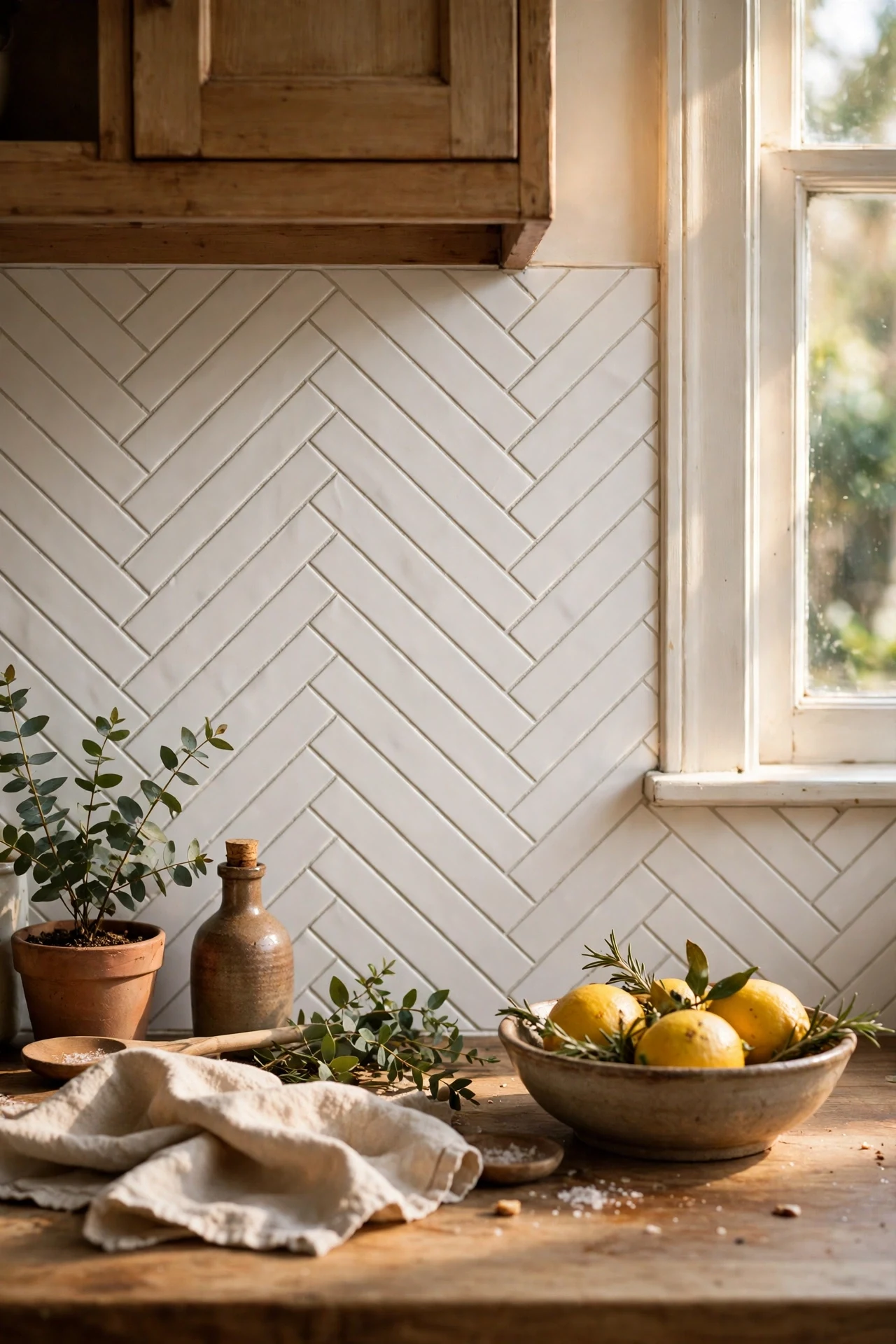 White elegant herringbone peel and stick tiles kitchen backsplash wall