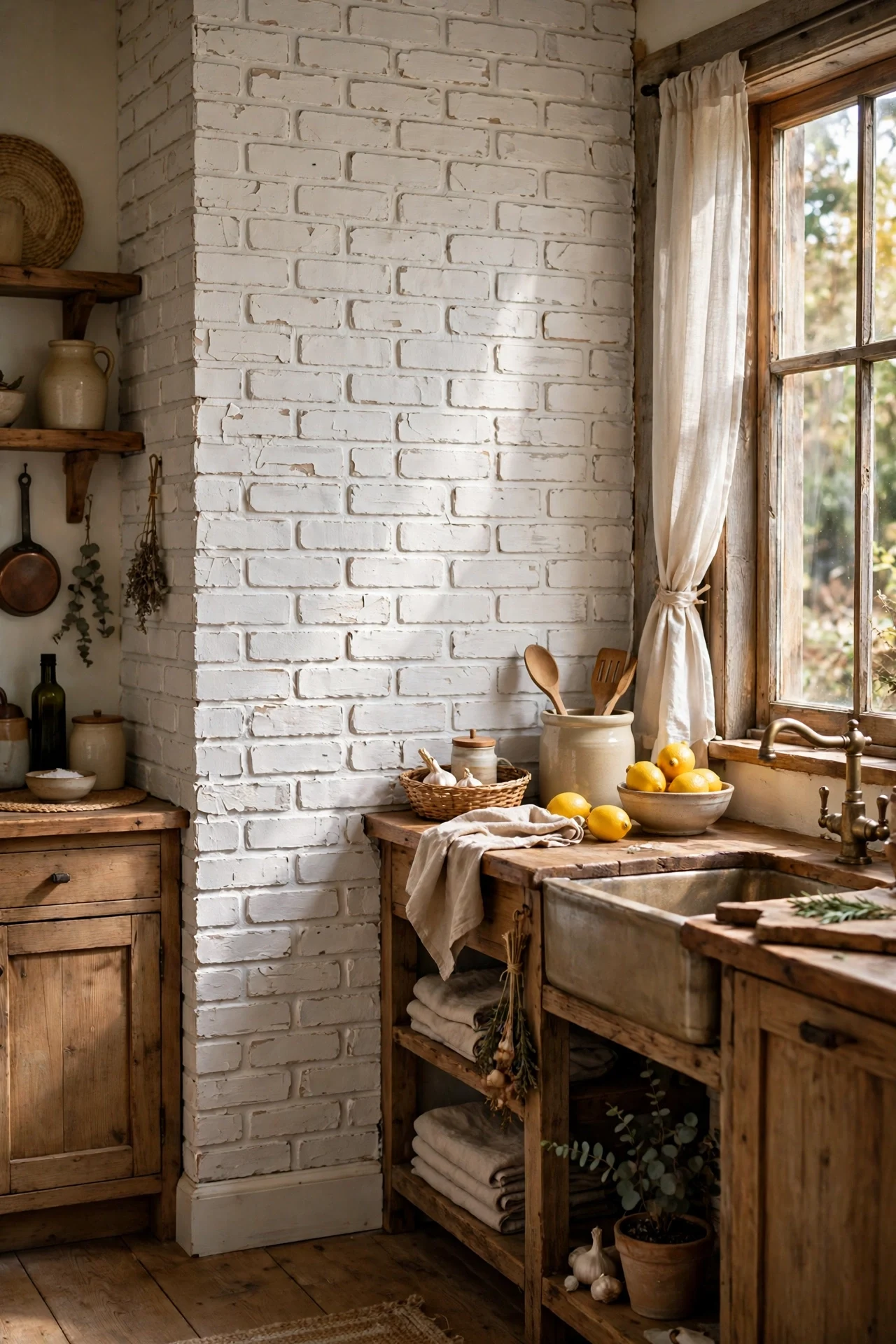 Whitewashed rustic faux brick peel and stick kitchen wall panels