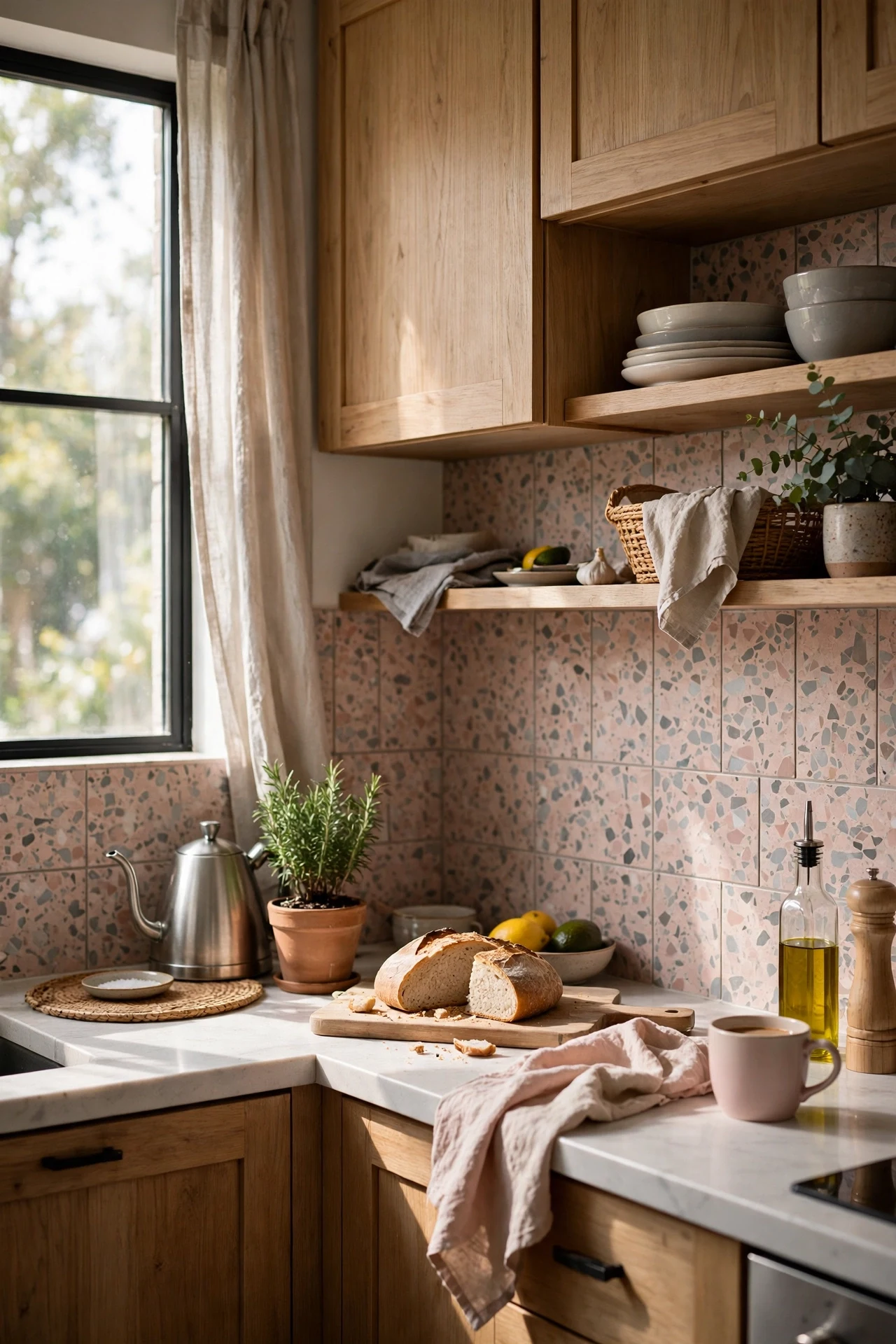 Blush speckled terrazzo peel and stick tiles modern kitchen backsplash