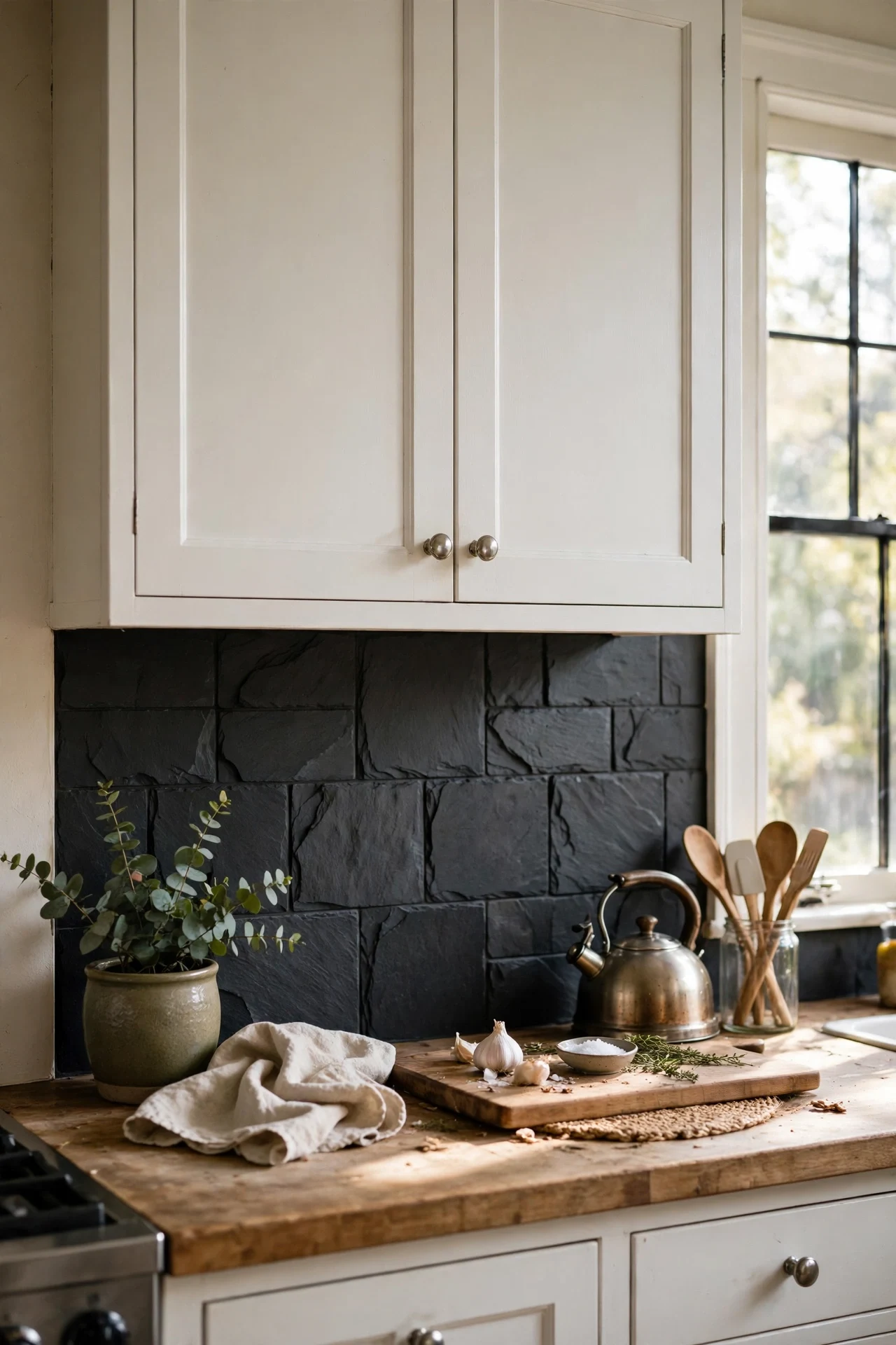 Moody dark slate peel and stick tiles white cabinets kitchen