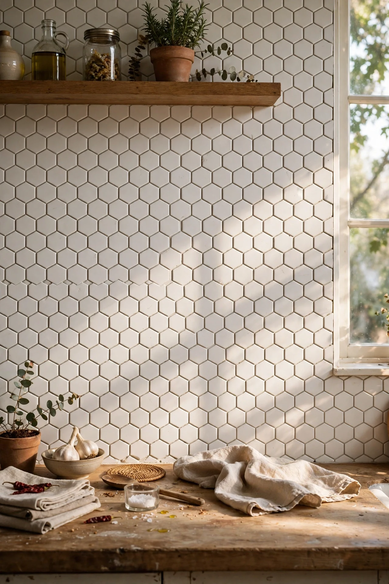 White honeycomb hexagon peel and stick tiles kitchen wall backsplash