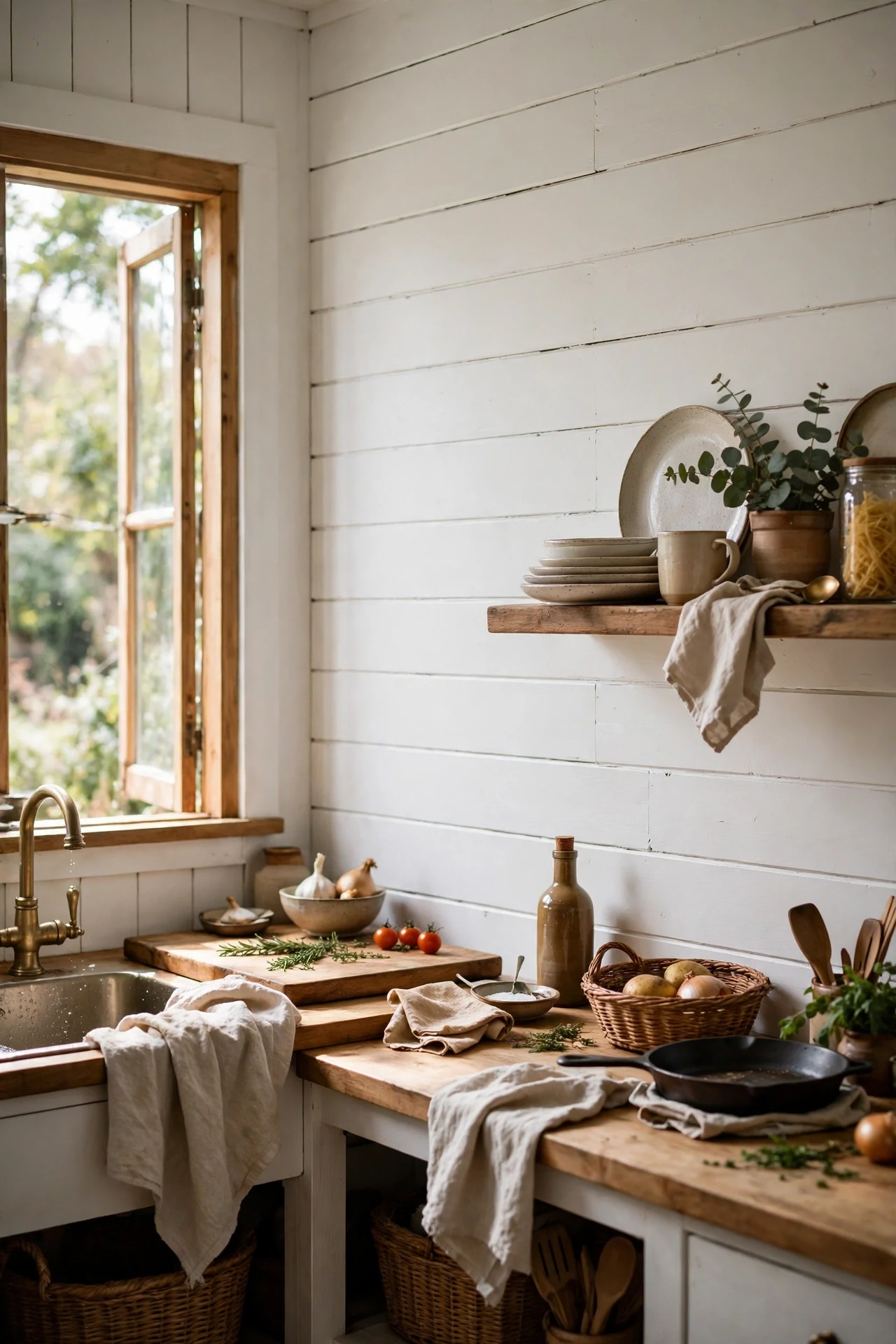 White farmhouse shiplap style peel and stick kitchen wall panels
