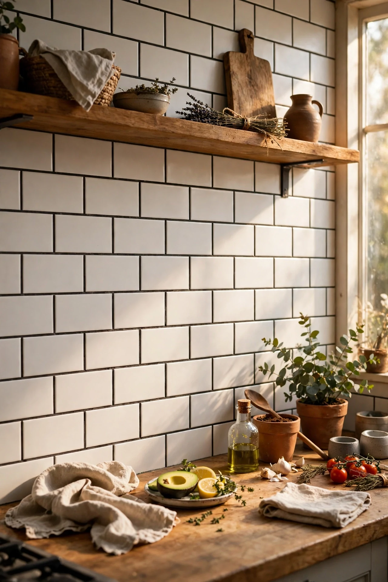 White subway peel and stick tiles dark grout kitchen wall