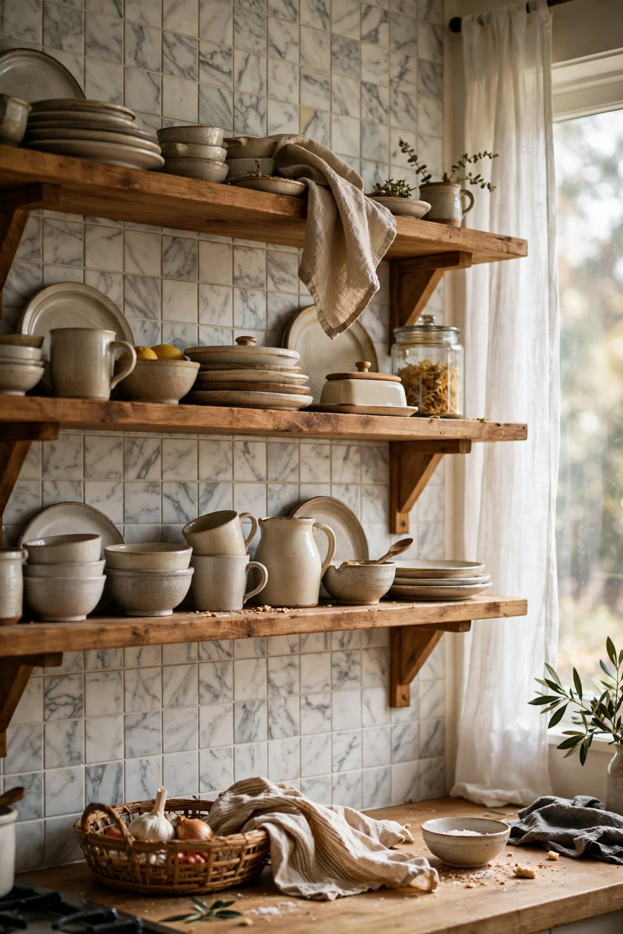 Marble peel and stick tile strip behind open kitchen shelves