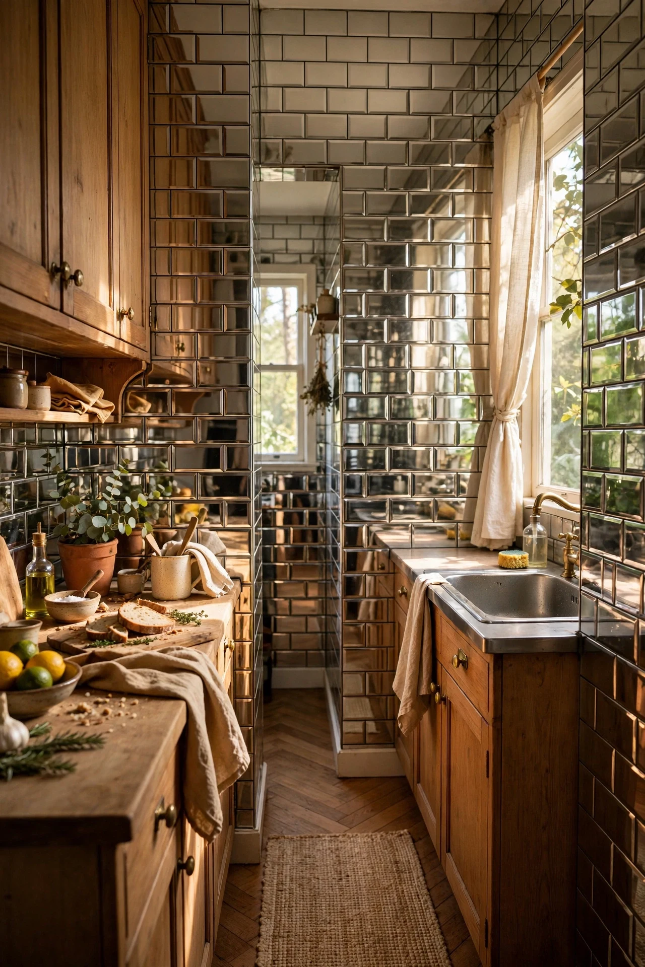 Bright mirrored peel and stick subway tiles small kitchen wall