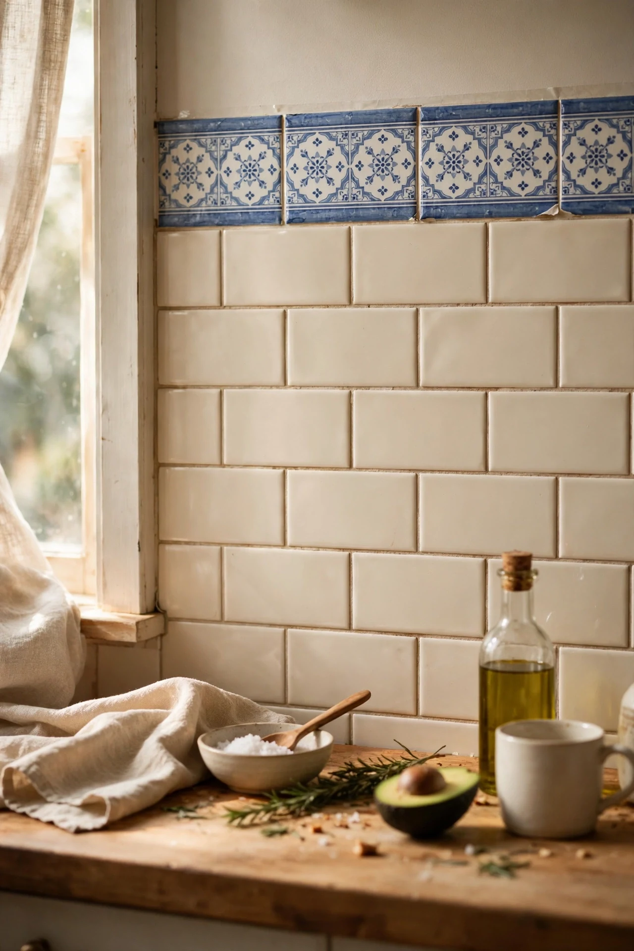 Blue patterned peel and stick tile border cream tiles kitchen