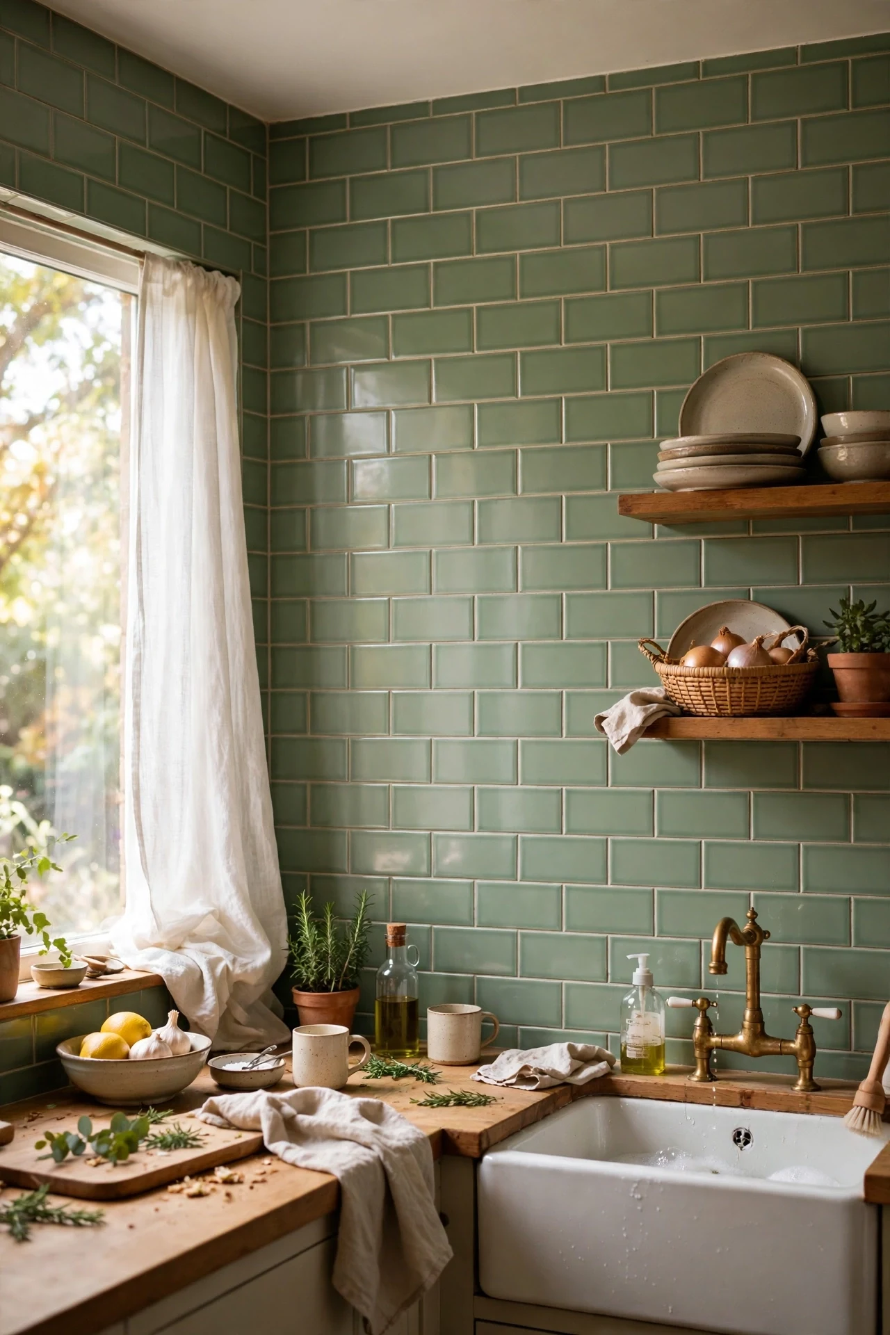 Full-height sage green peel and stick tiles kitchen ceiling wall