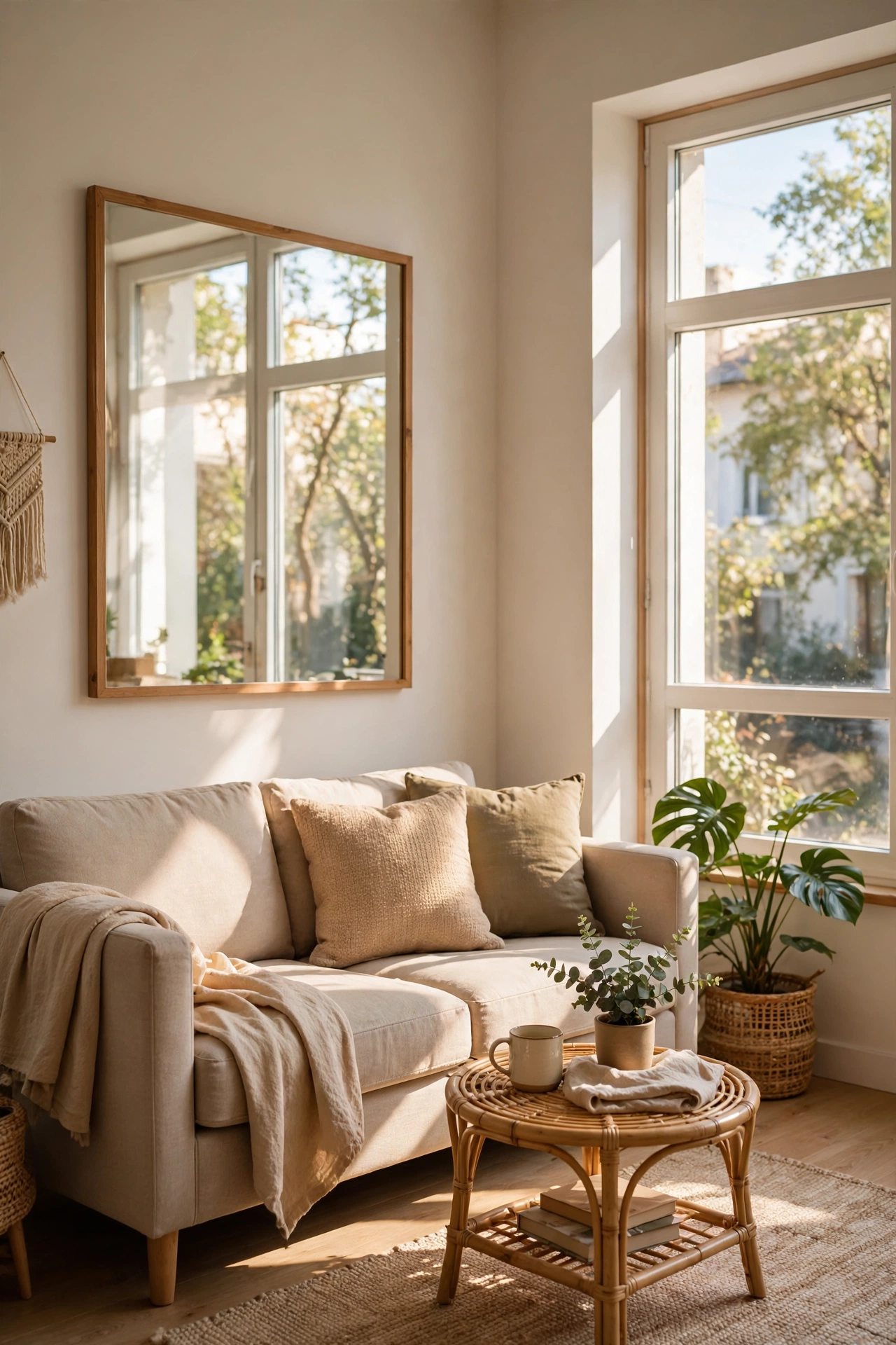 Large mirror hung opposite apartment window doubling light, small apartment living room ideas