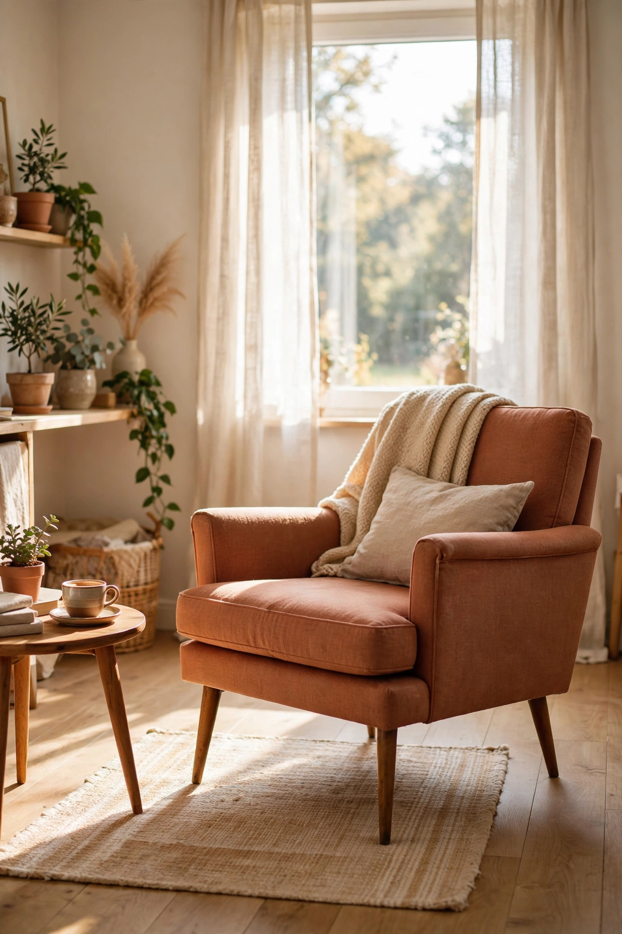 Mid-century armchair with tapered legs in small apartment, spacious living room ideas