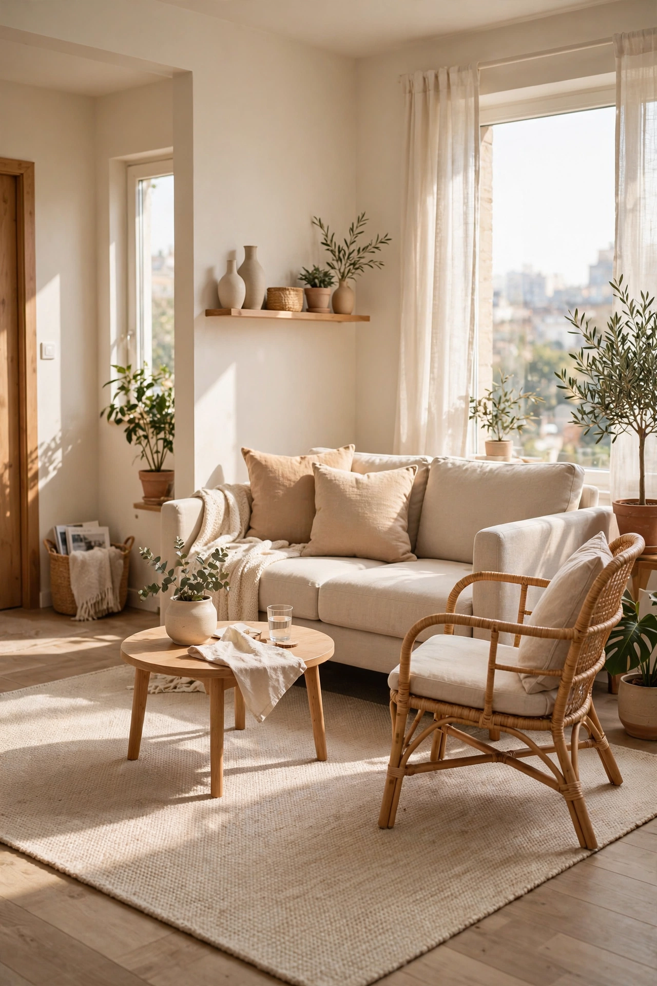 One large light beige rug unifying small apartment living room, spacious feel decor
