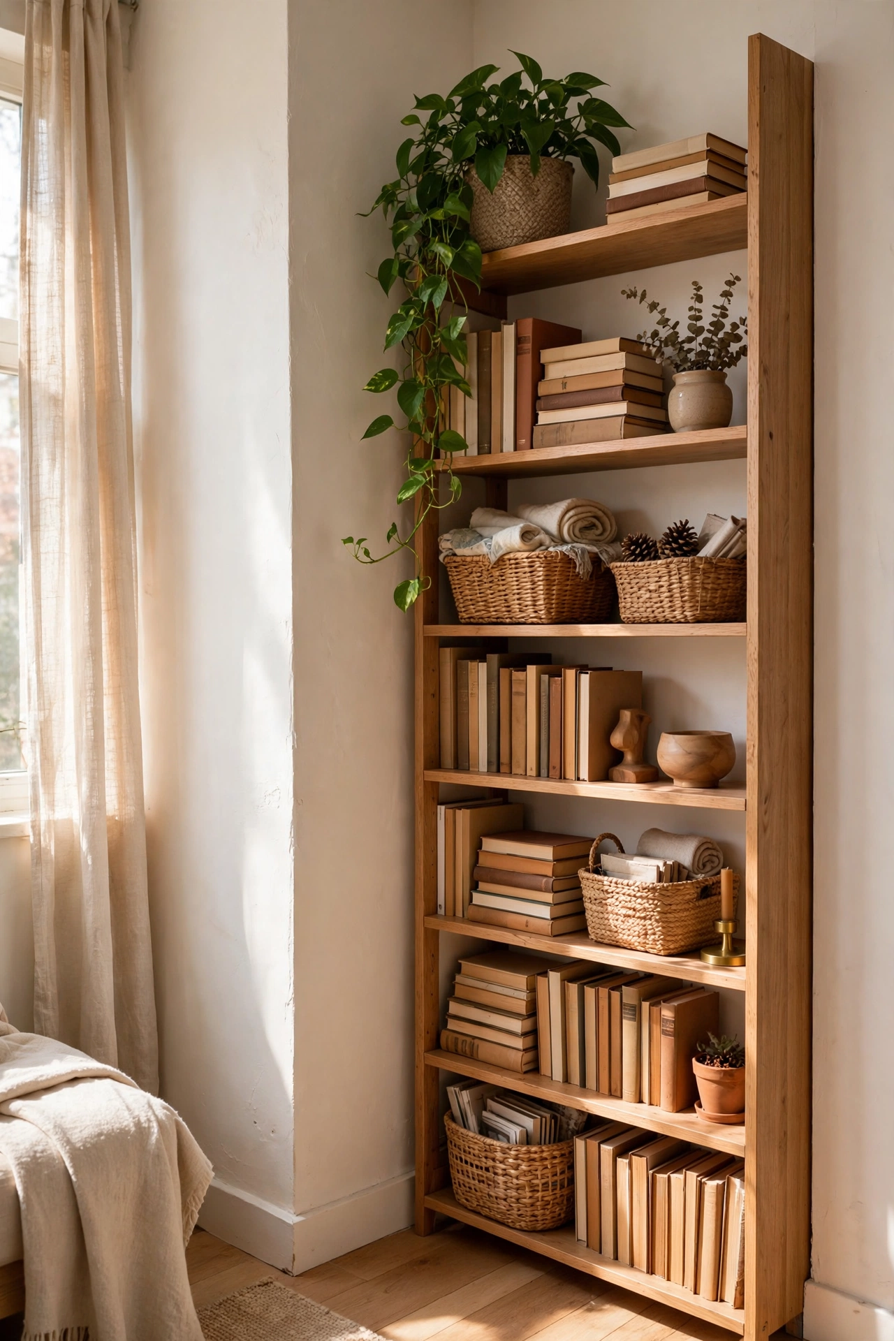 Tall narrow bookshelf using vertical space in apartment living room, small space ideas