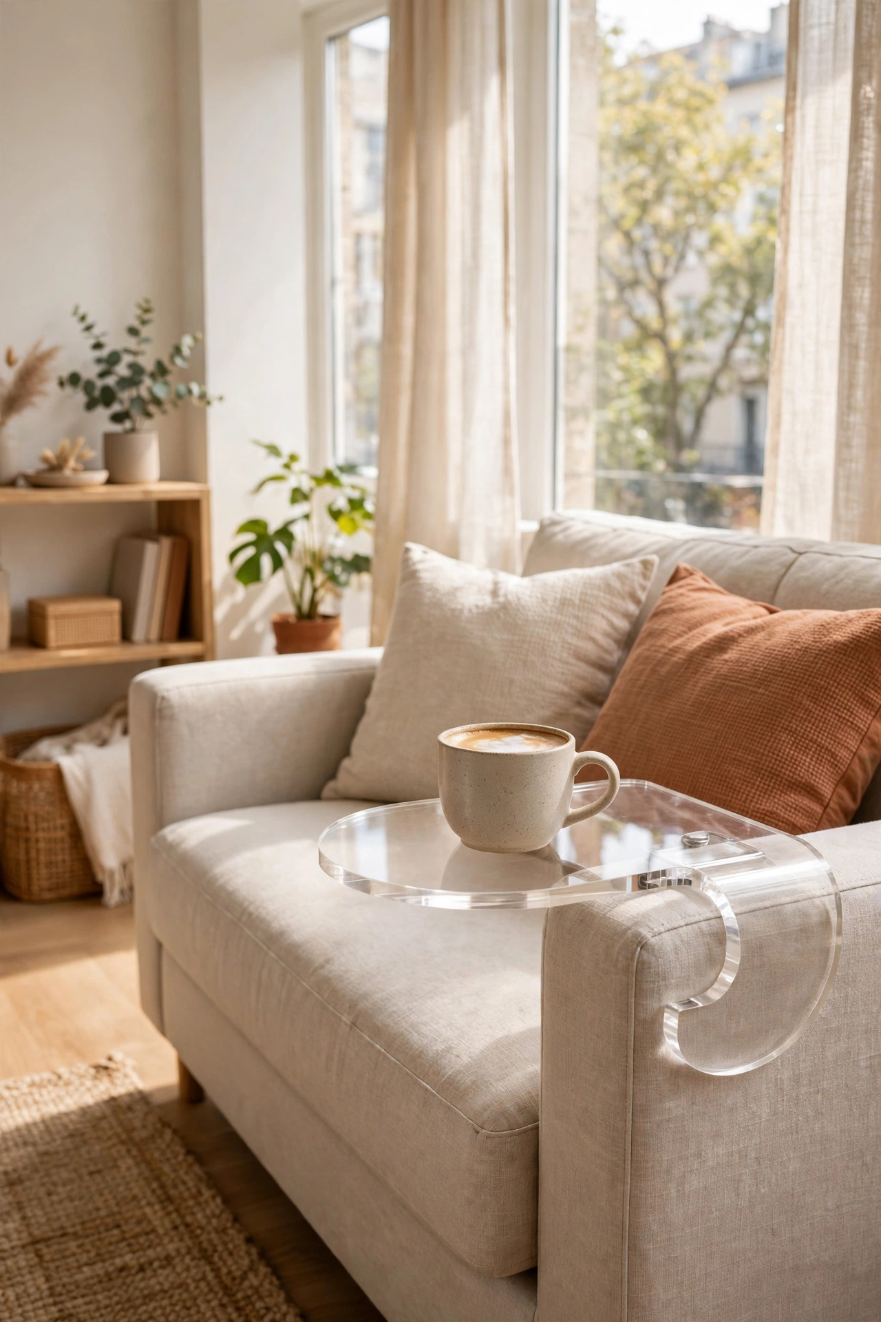 Clear acrylic C-table over sofa arm in small apartment, space saving living room idea
