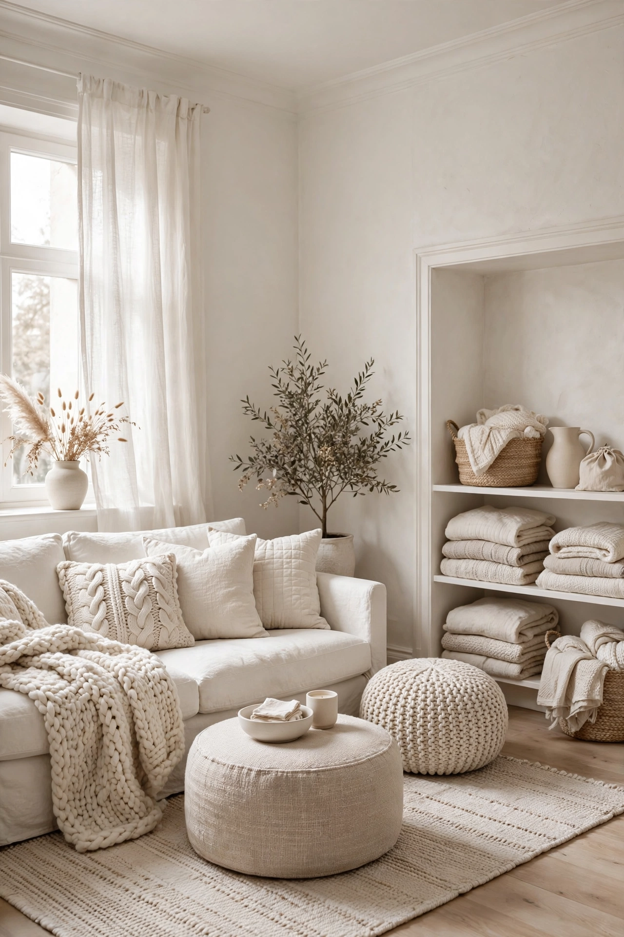Monochrome warm white apartment living room with textured textiles, spacious feel
