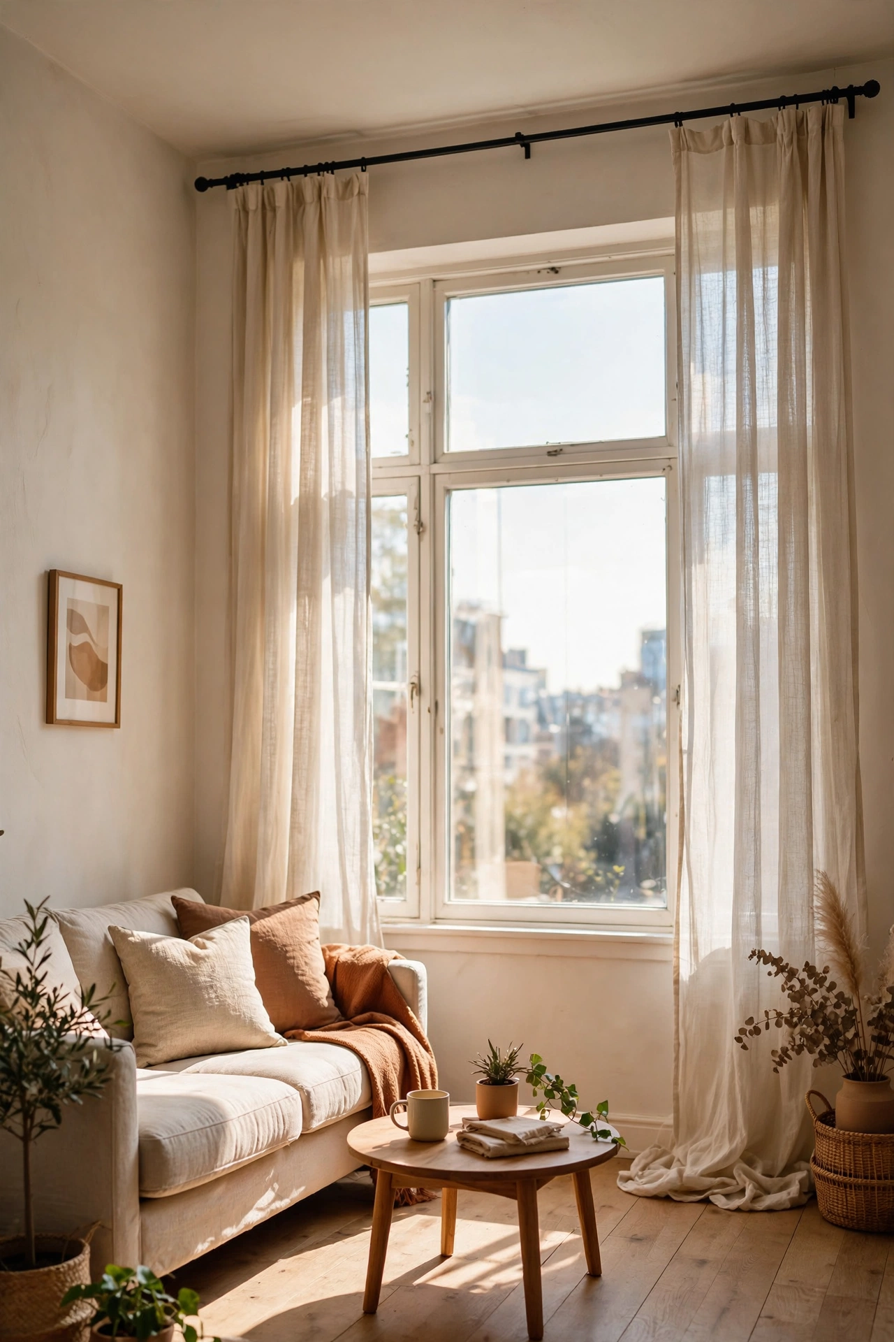 Curtains hung high and wide making apartment windows look larger, budget living room idea