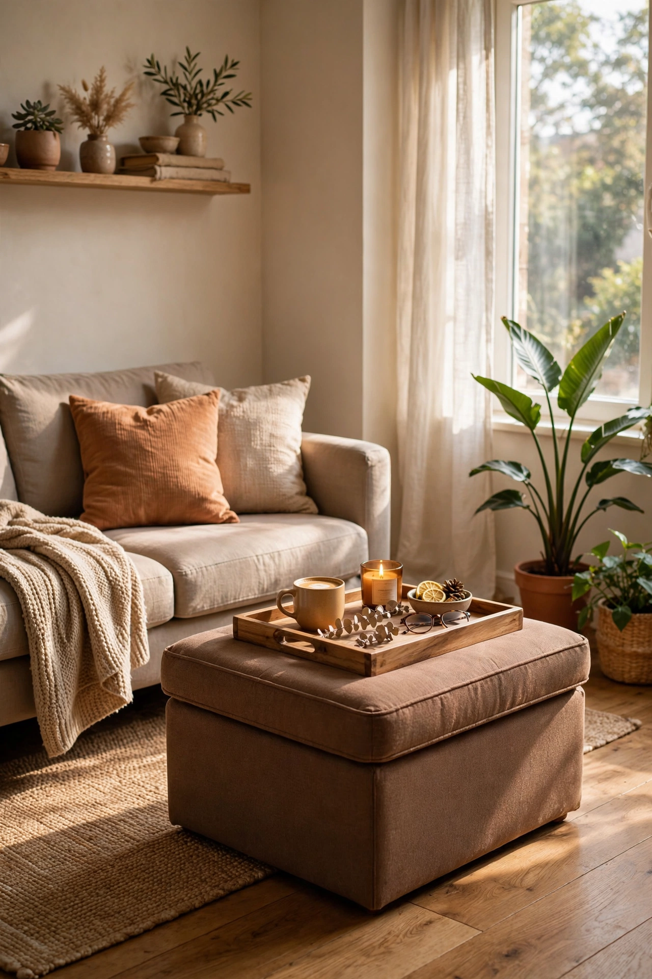 Storage ottoman as coffee table in apartment living room, small space idea