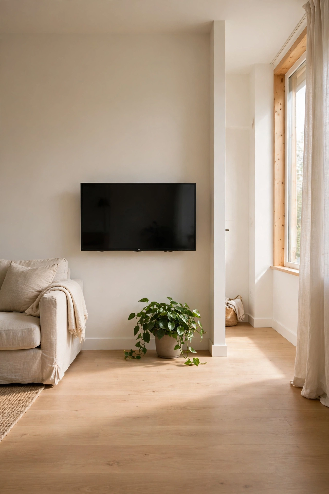Wall mounted TV with no console freeing floor space in small apartment living room