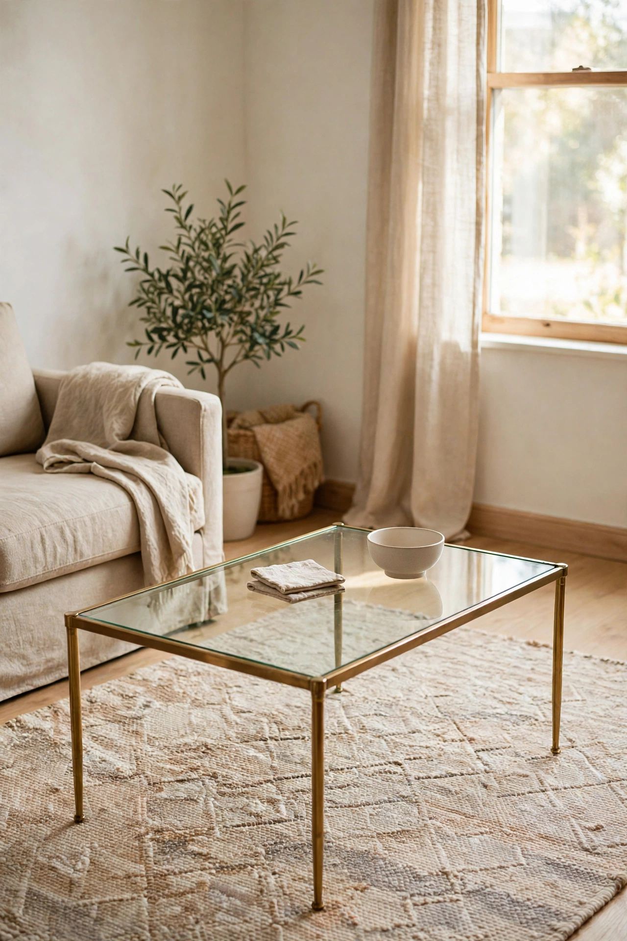 Glass top coffee table showing rug through in apartment living room, small space idea