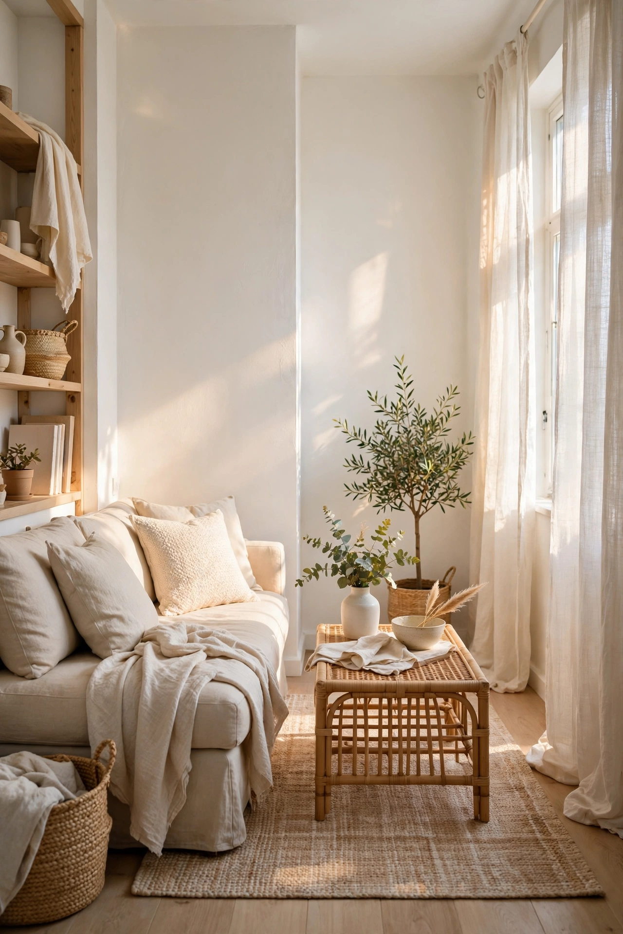 Warm white painted walls brightening small apartment living room, spacious feel