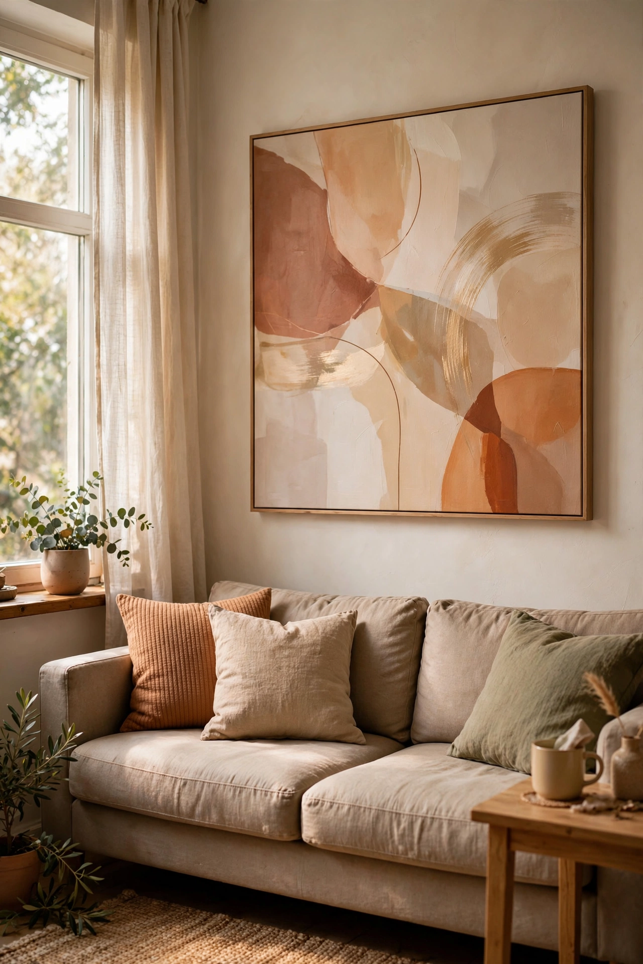 One large DIY canvas art above sofa in small apartment living room, budget wall decor