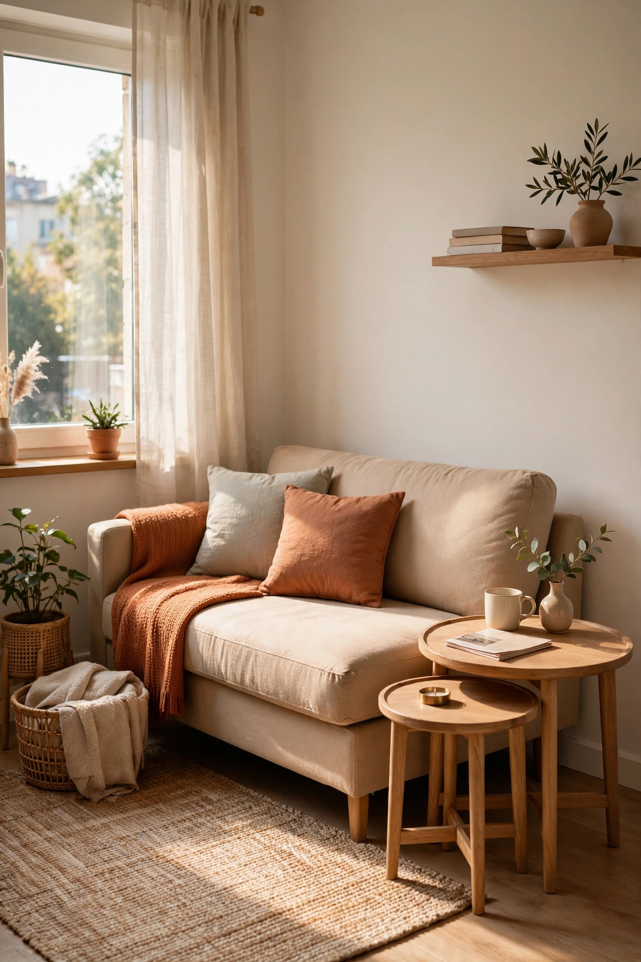 Nesting side tables tucked in small apartment living room, space saving furniture