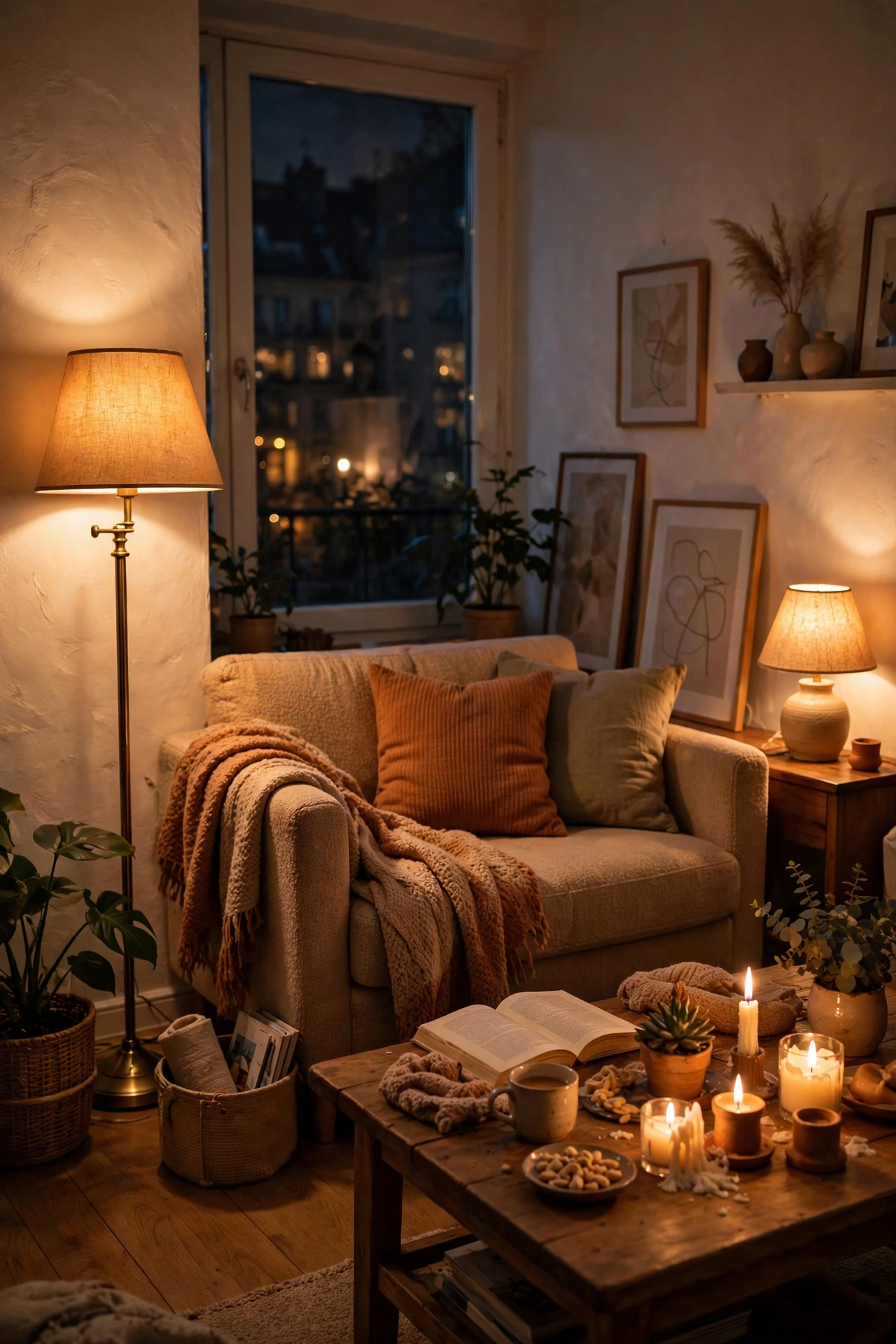 Layered warm lighting with floor and table lamps in apartment living room, cozy spacious feel