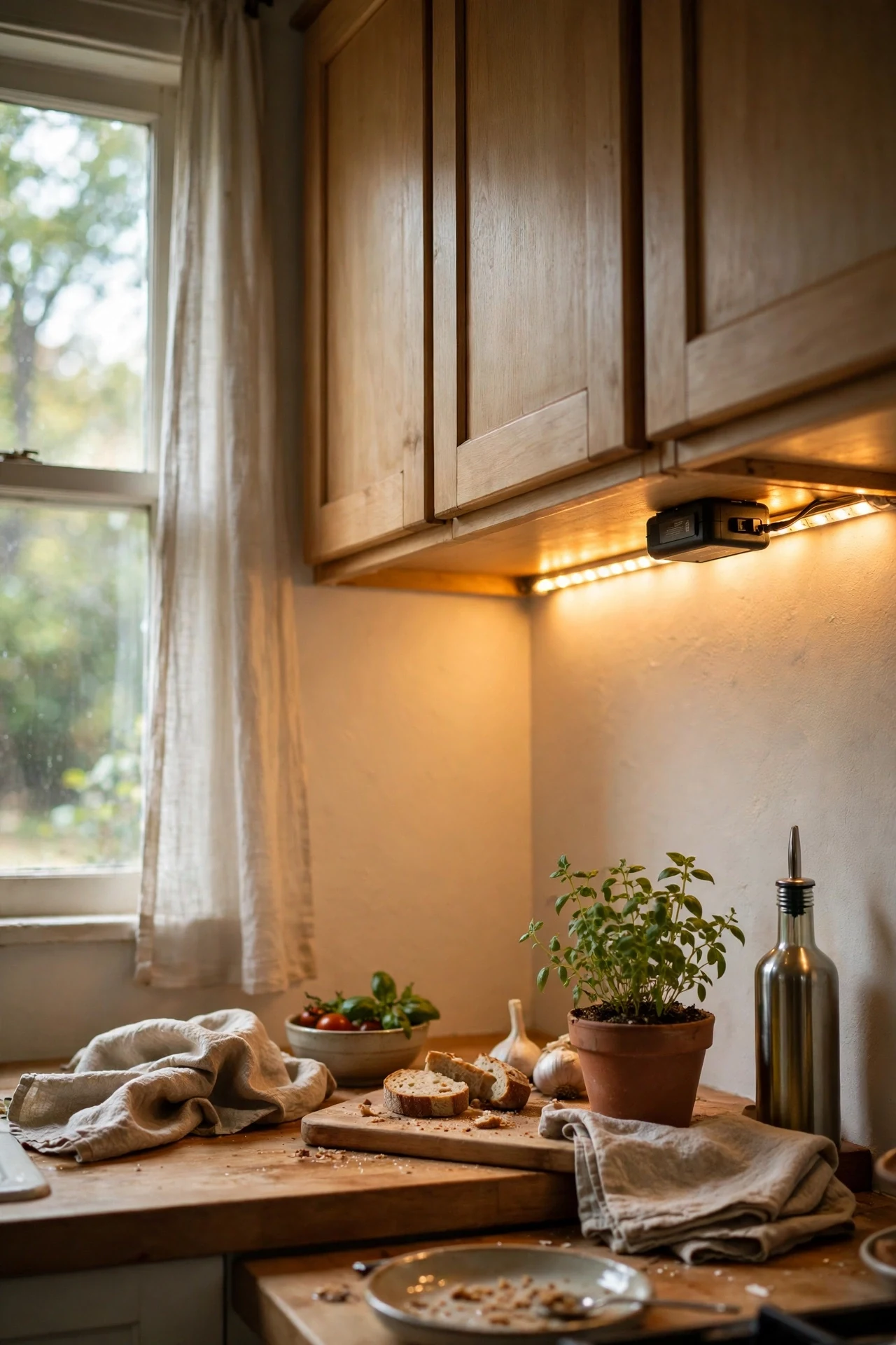 Battery LED strips glowing under renter friendly kitchen cabinets
