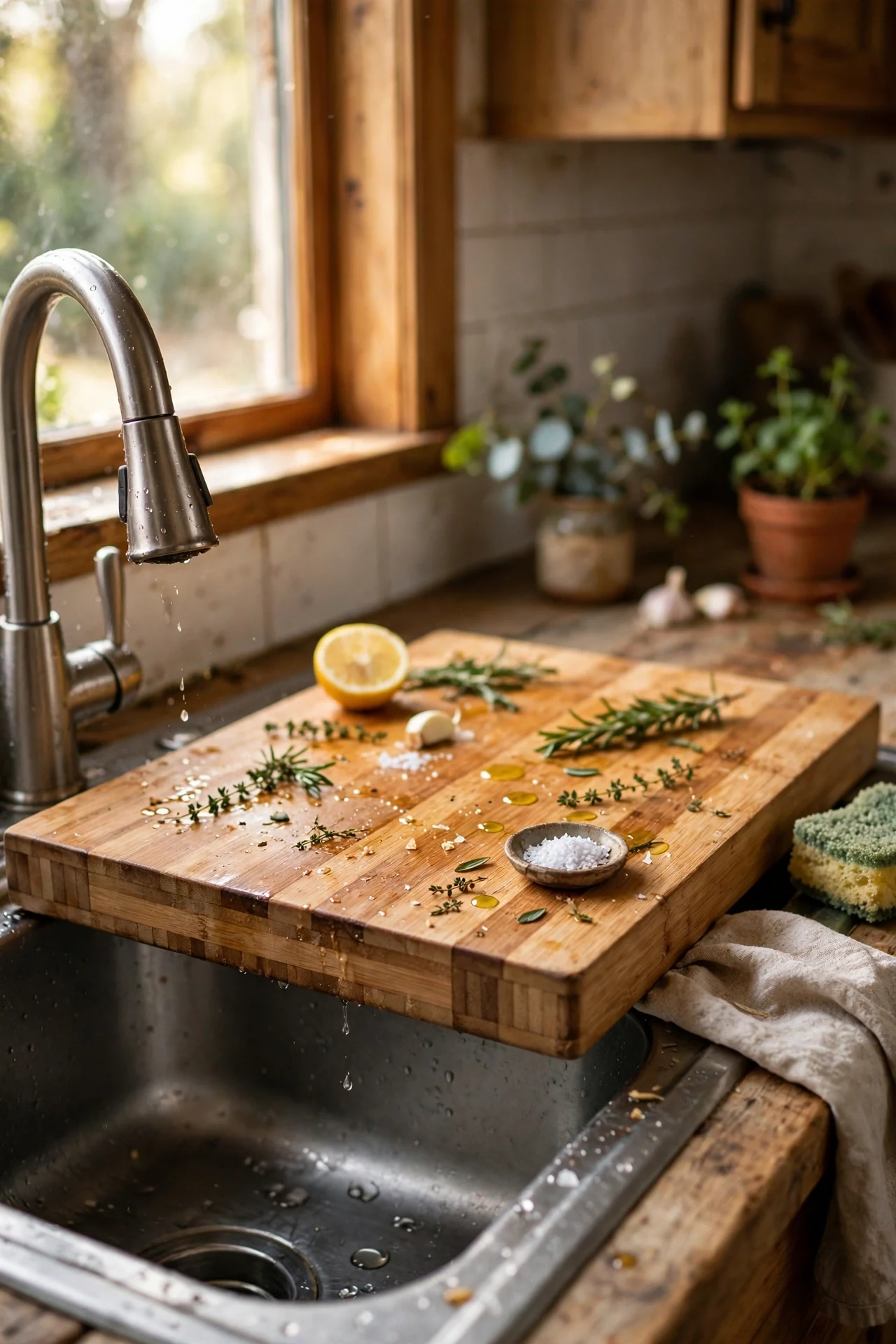 Bamboo over the sink chopping board in small renter kitchen
