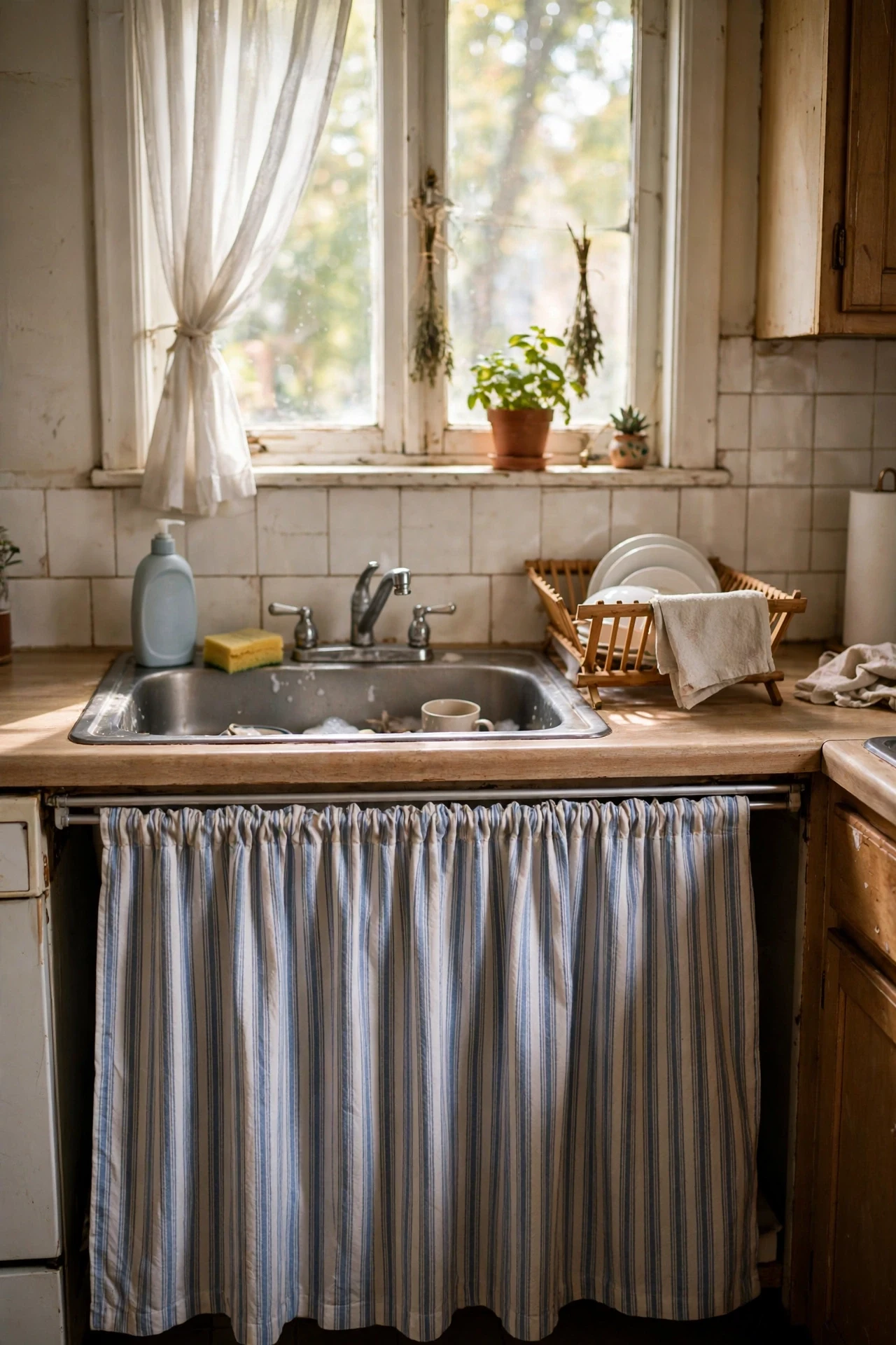 Striped tension rod sink skirt curtain in rental kitchen