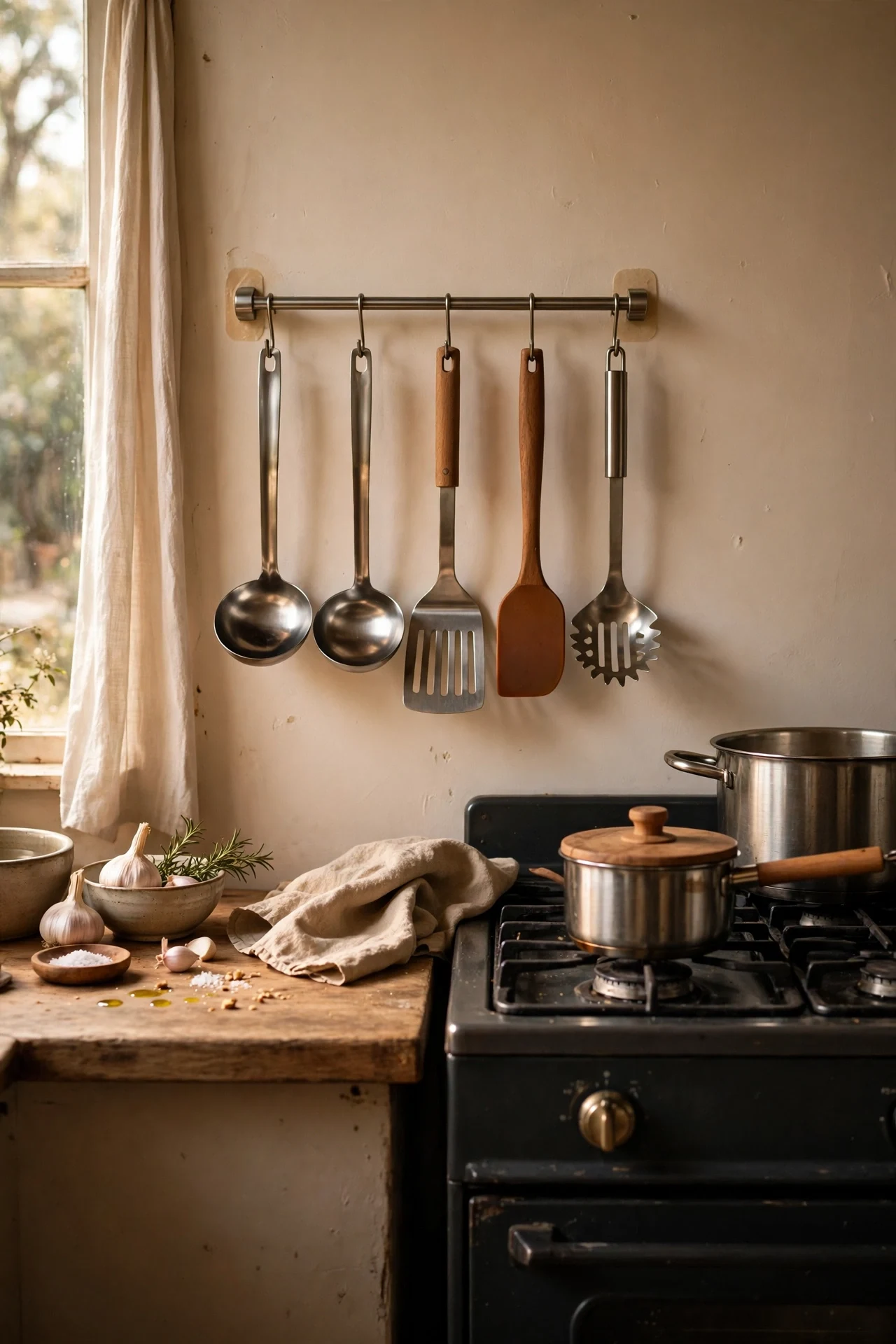 No drill adhesive utensil rail with hooks beside cooker