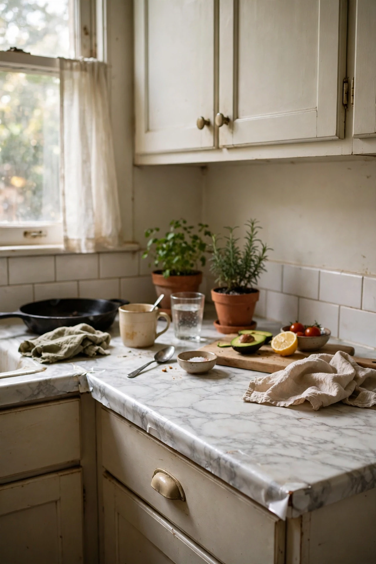 Marble contact paper covering dated renter kitchen countertops