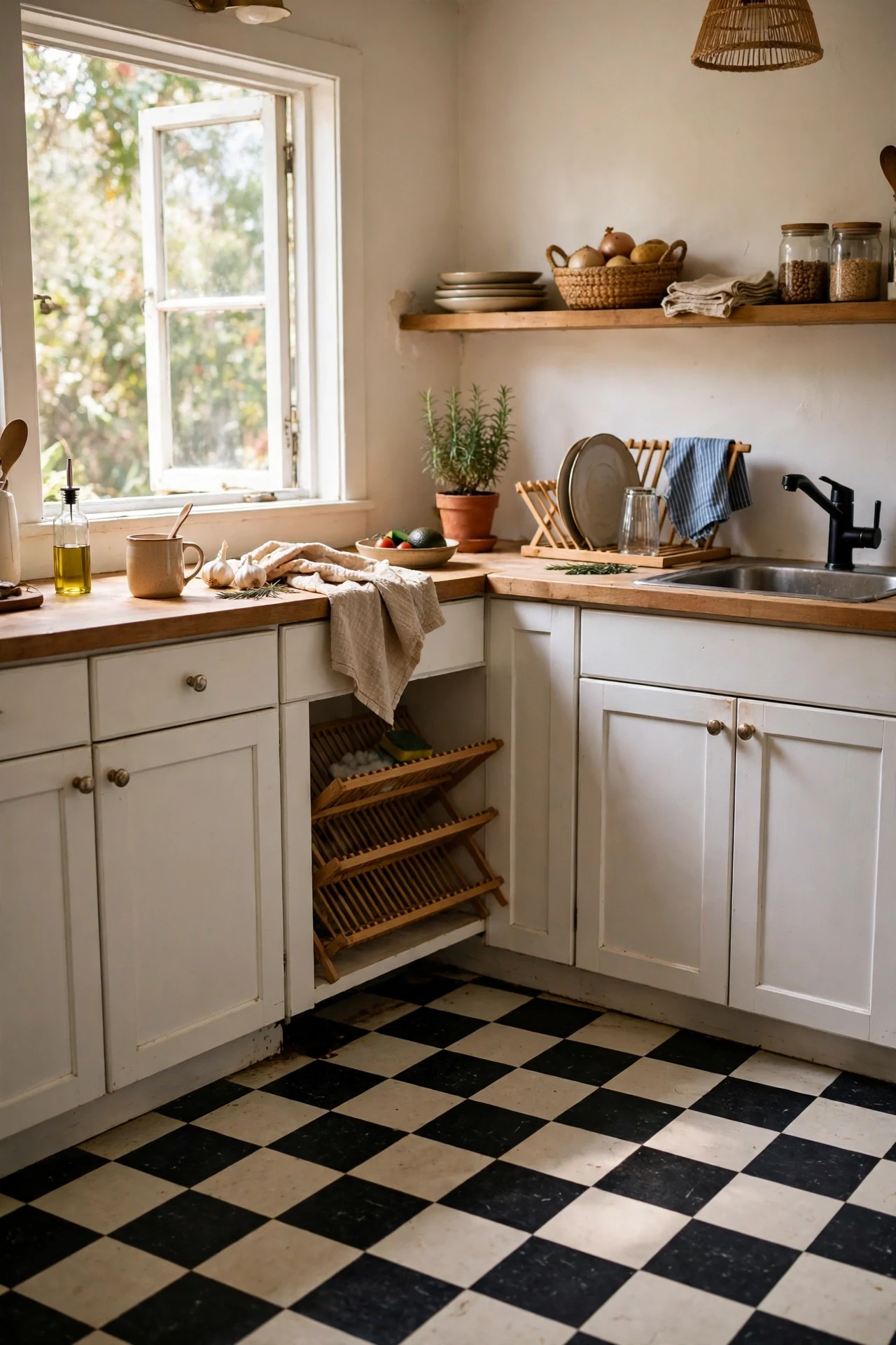 Checkerboard peel and stick vinyl floor tiles rental kitchen