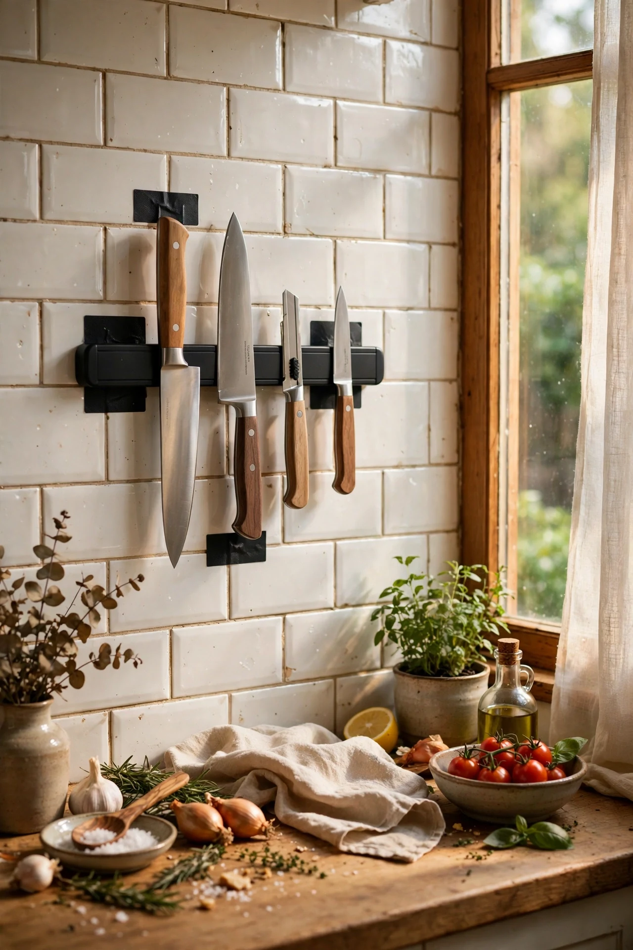 Adhesive magnetic knife bar mounted on kitchen tiles