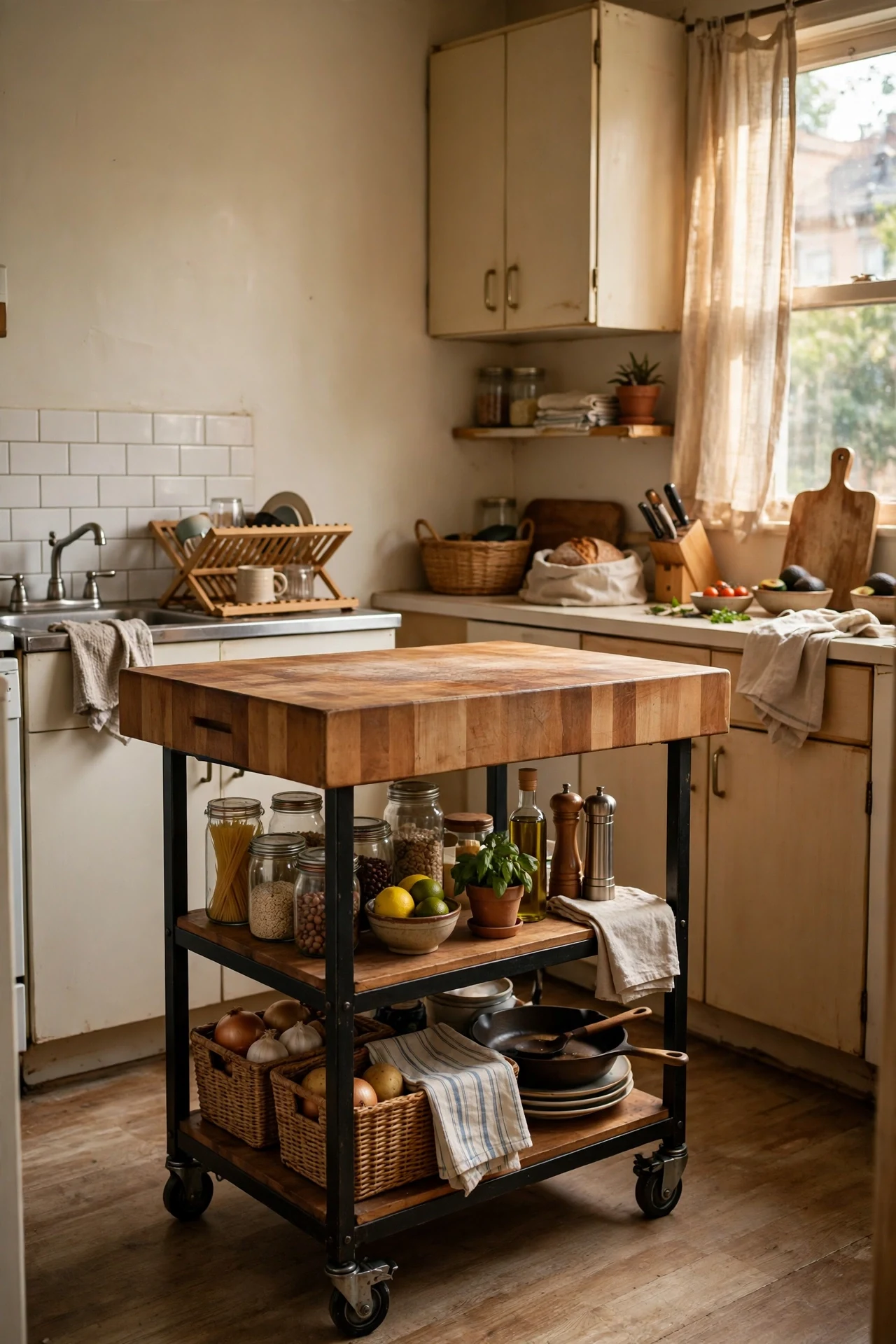 Rolling butcher block kitchen island cart in rental kitchen