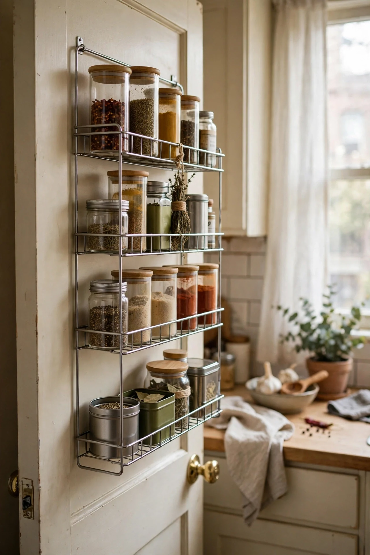 Over the door pantry rack with spice jars rental kitchen