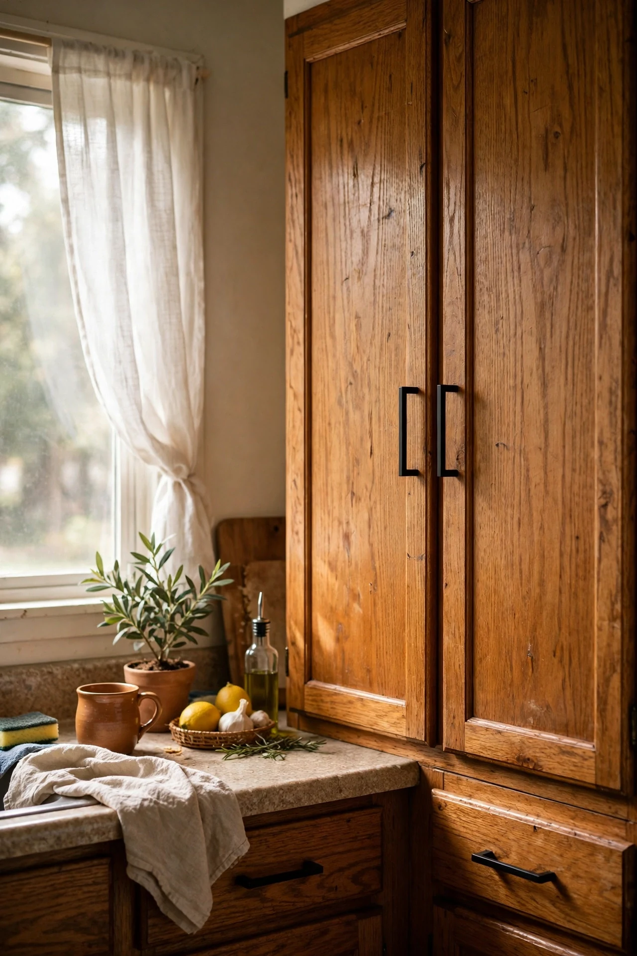 Matte black bar handles on dated renter kitchen cupboards