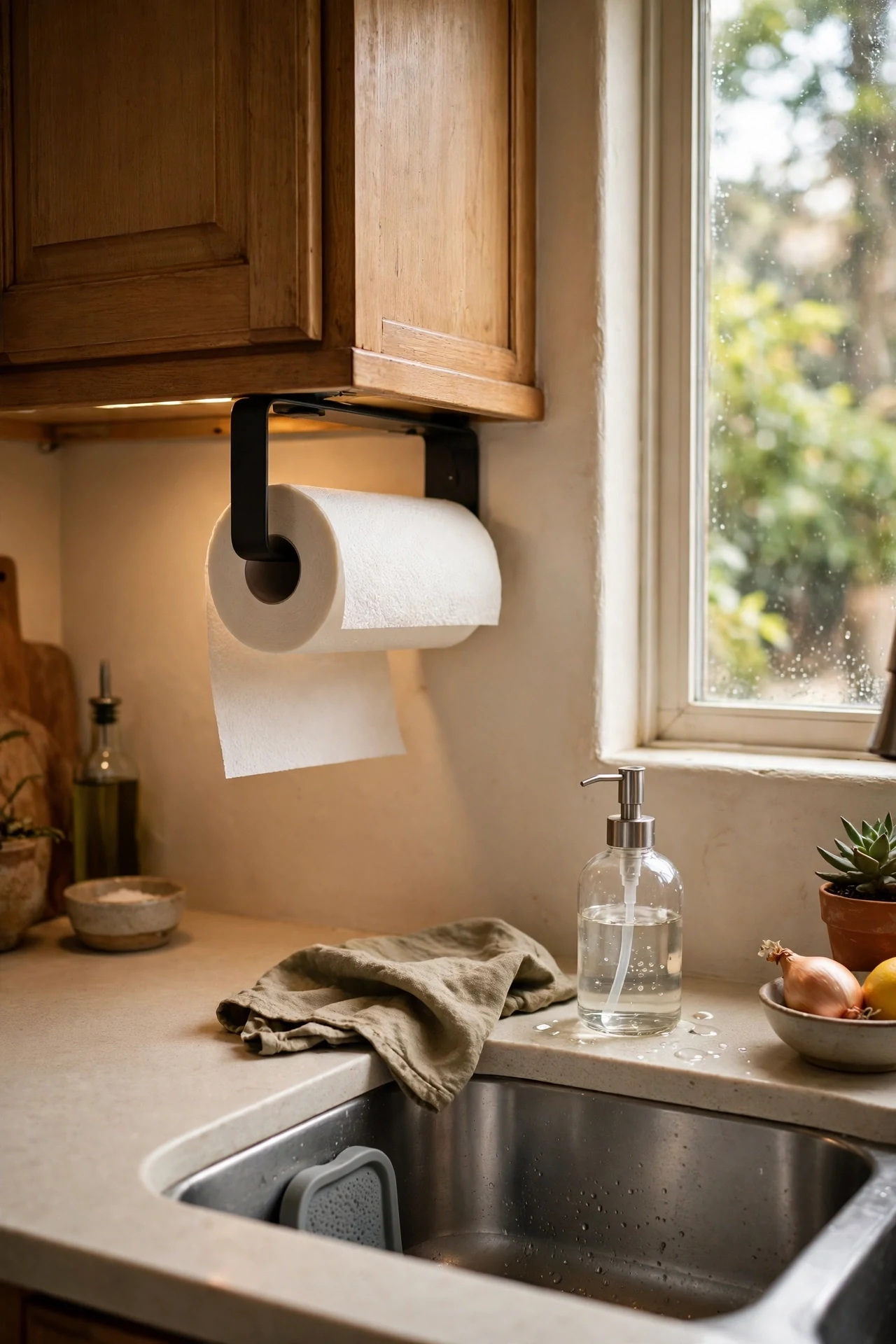 Stick on paper towel holder under renter kitchen cabinet