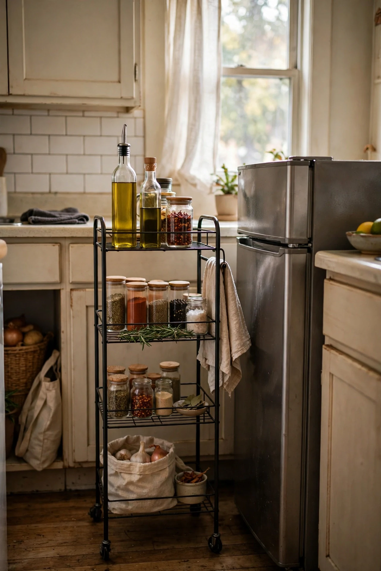 Slim rolling cart filling narrow gap beside rental fridge