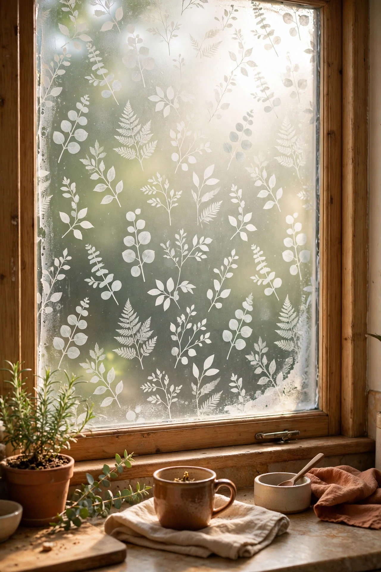 Frosted botanical window privacy film in renter friendly kitchen