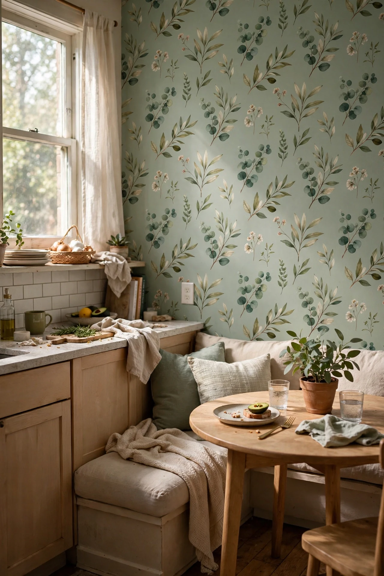 Sage removable wallpaper accent wall in rental kitchen nook