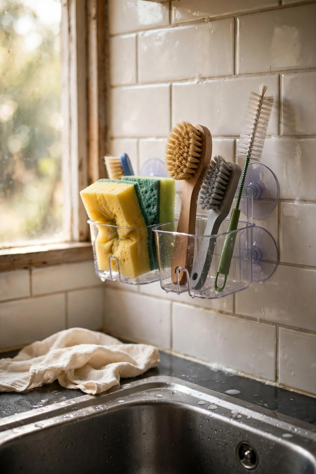 Suction cup caddy with sponges above renter kitchen sink