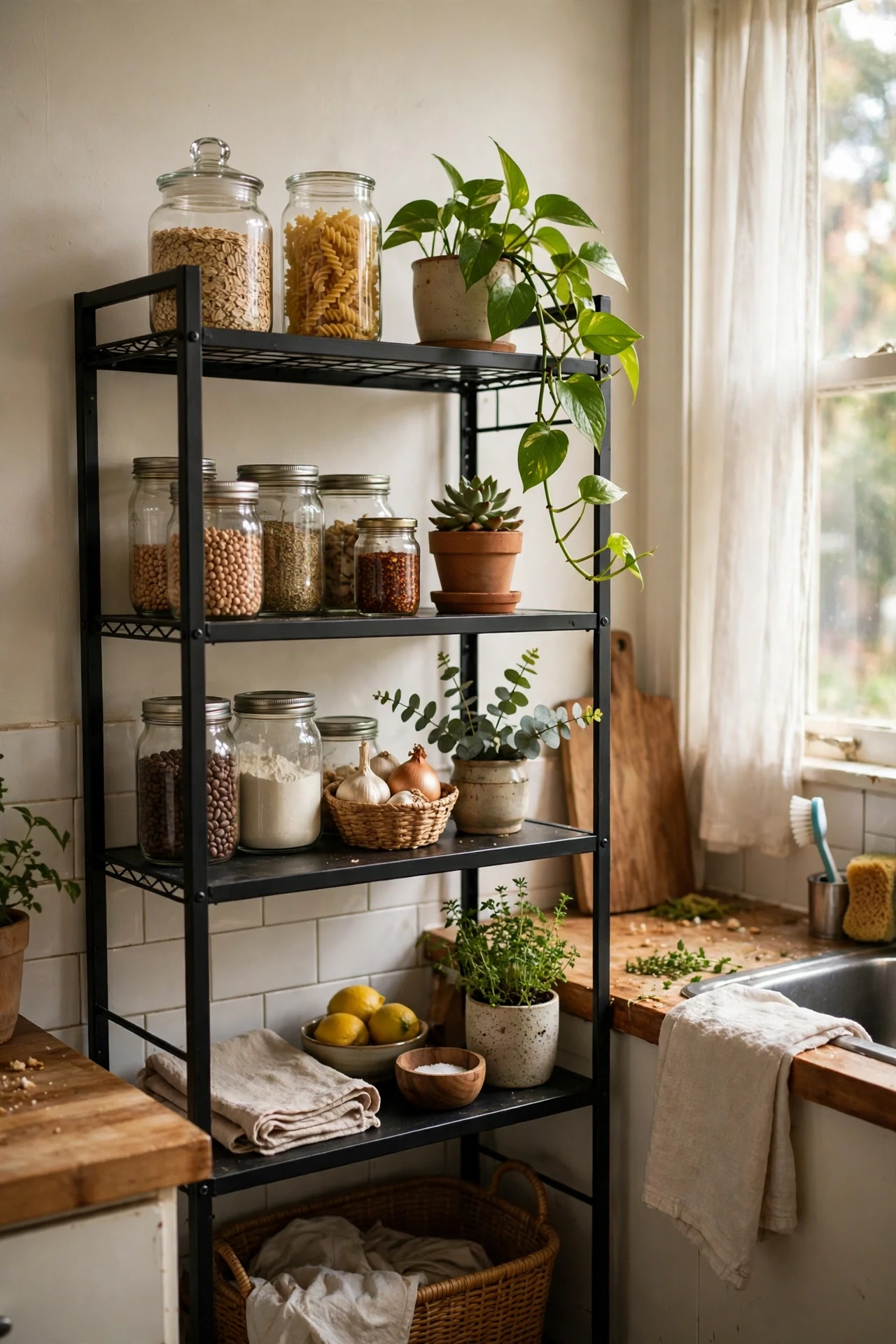 Freestanding black metal open shelf unit in rental kitchen