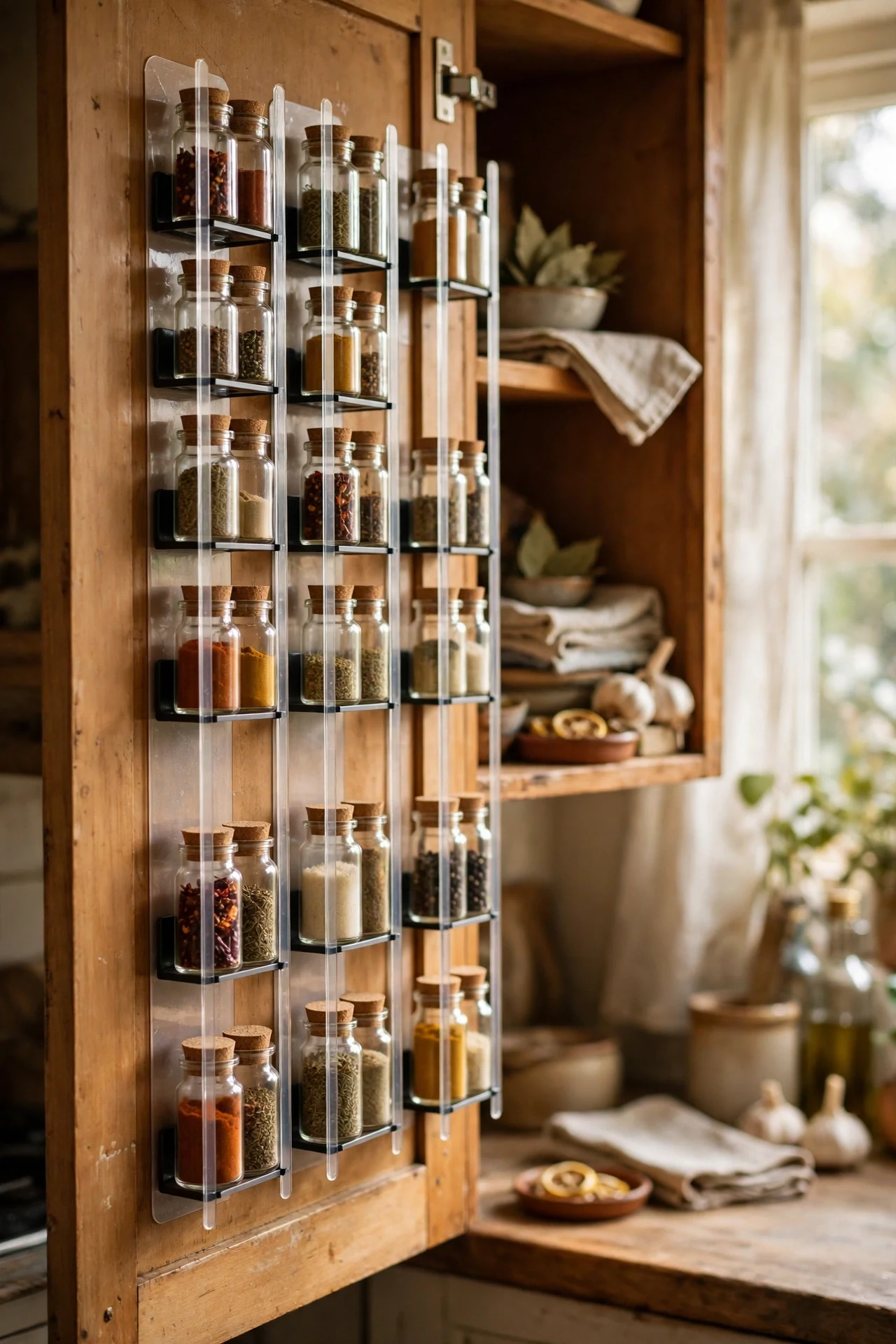 Adhesive spice racks inside renter kitchen cabinet door
