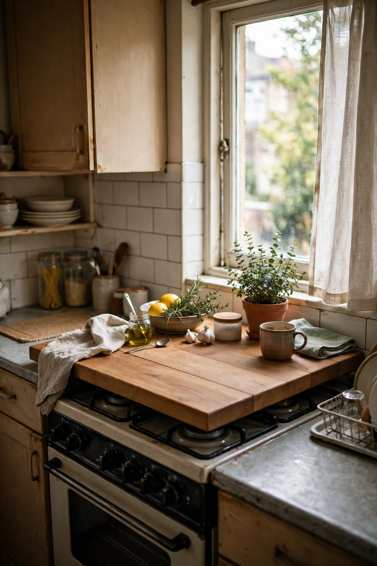 Wooden stove top cover adding counter space rental kitchen