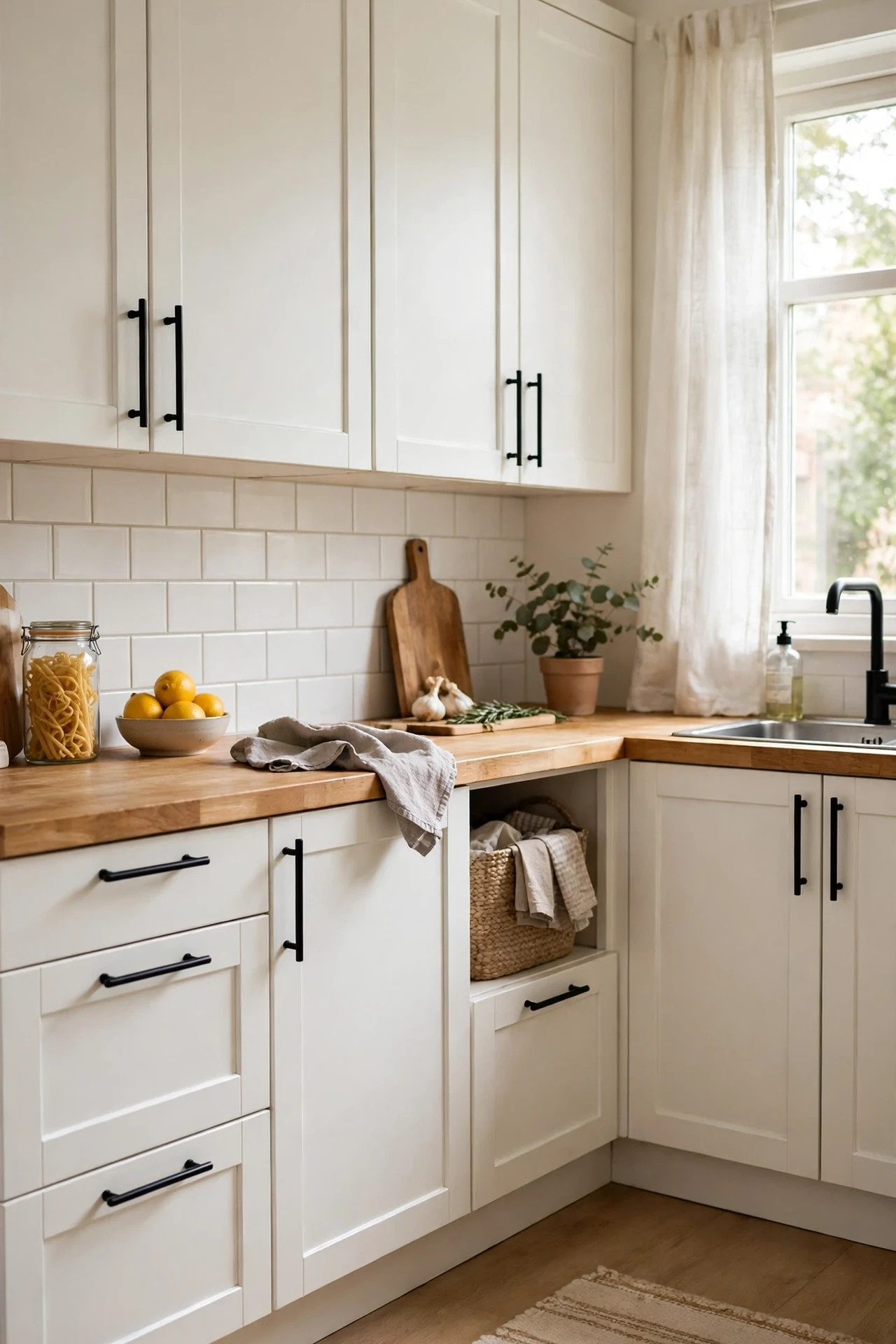 matte black bar pulls on plain white shaker cabinet doors in a bright budget kitchen, black and whit